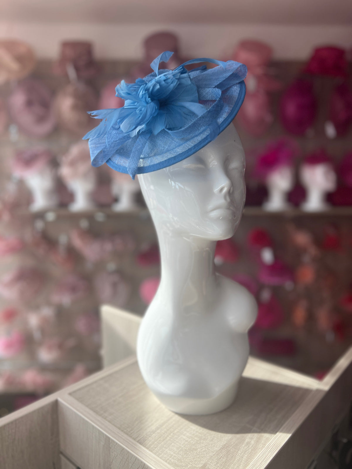 Sky Blue Round Fascinator With Spiral loops &amp; Feather Flowers-Fascinators Direct