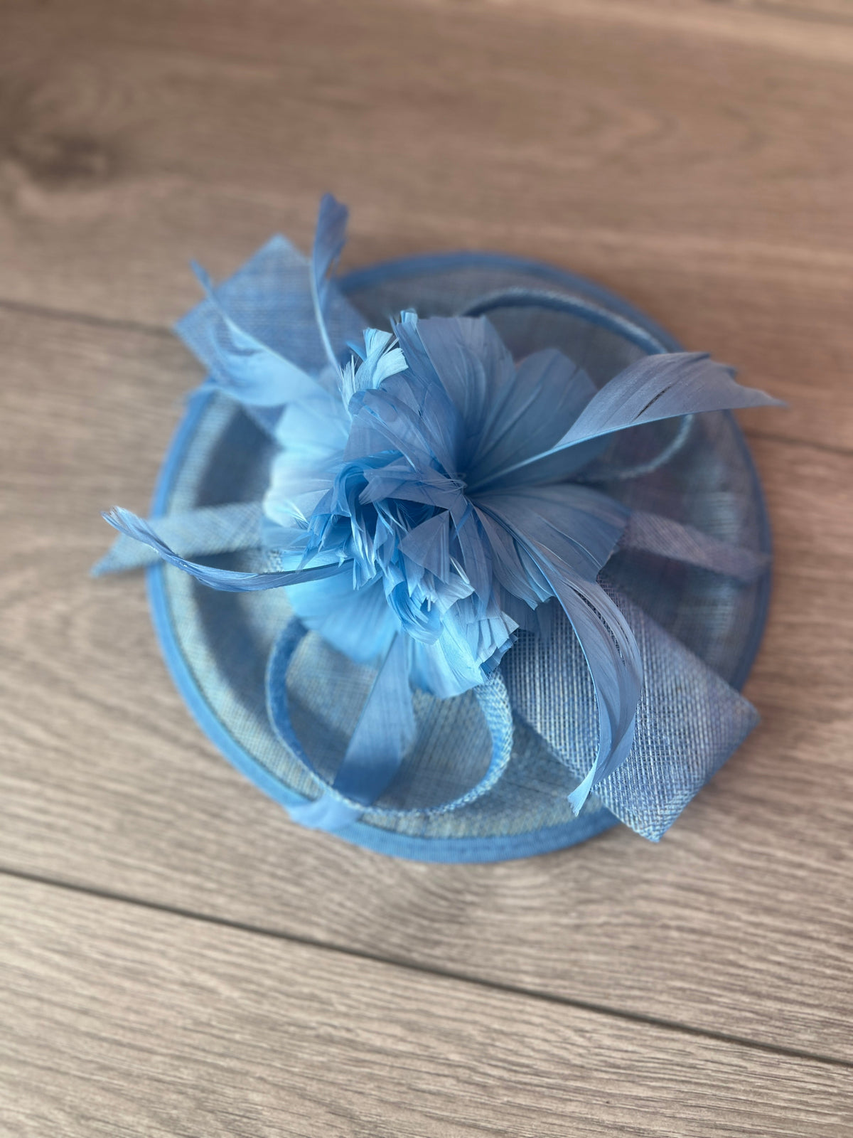 Sky Blue Round Fascinator With Spiral loops &amp; Feather Flowers-Fascinators Direct