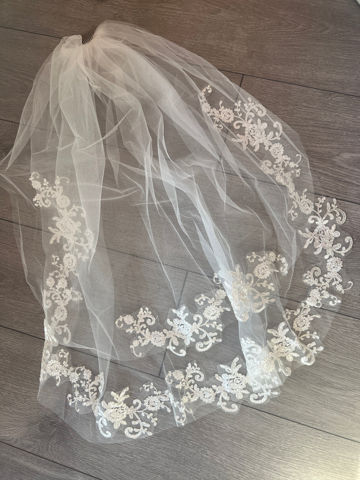 Skye- Ivory Two Layer Elbow Length Bridal Veil With Lace Edging-Fascinators Direct