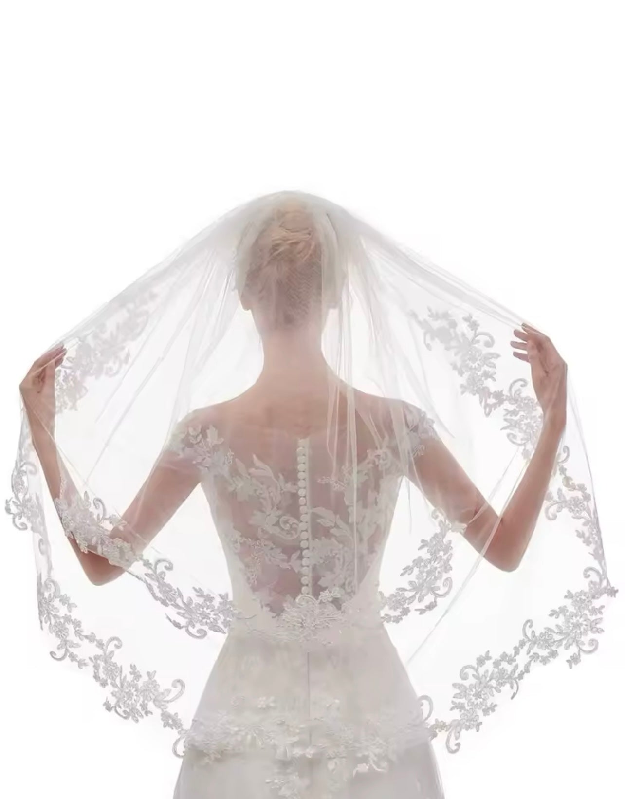 Skye- White Two Layer Elbow Length Bridal Veil With Lace Edging-Fascinators Direct