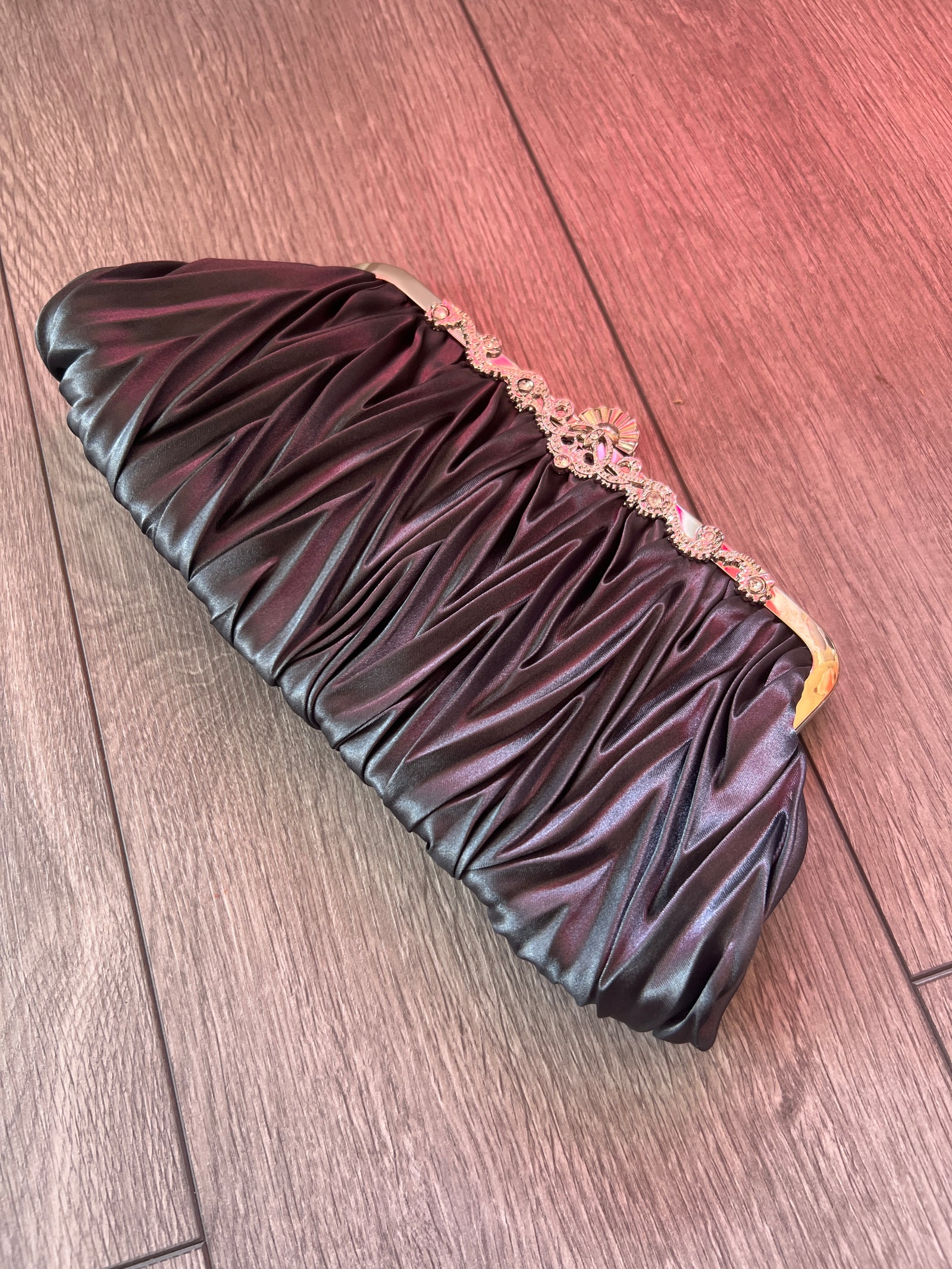 Slate Satin Art Deco Detail Clutch Bag-Fascinators Direct