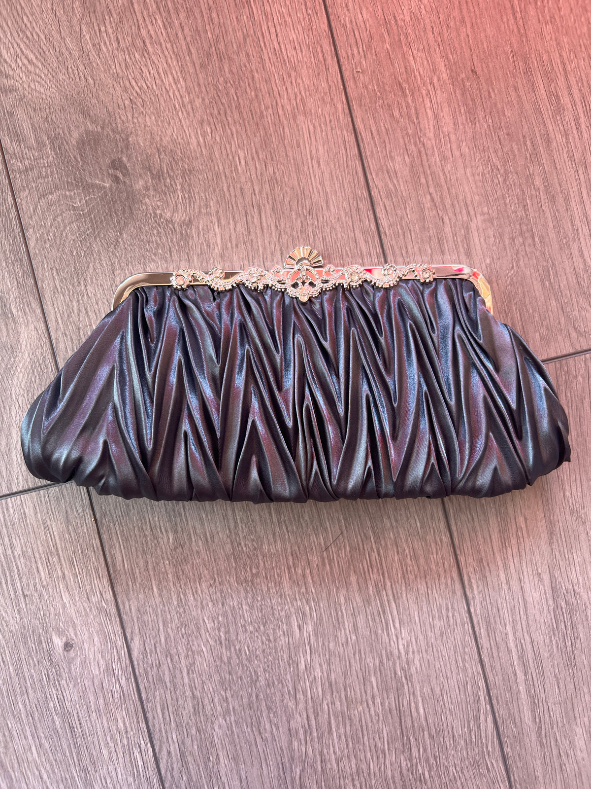 Slate Satin Art Deco Detail Clutch Bag-Fascinators Direct
