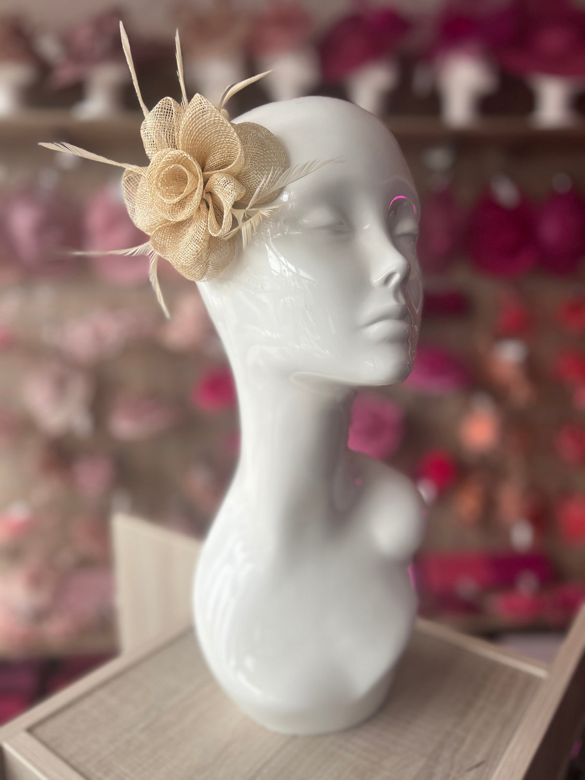 Small Beige Flower Fascinator Hair Clip with Feathers-Fascinators Direct