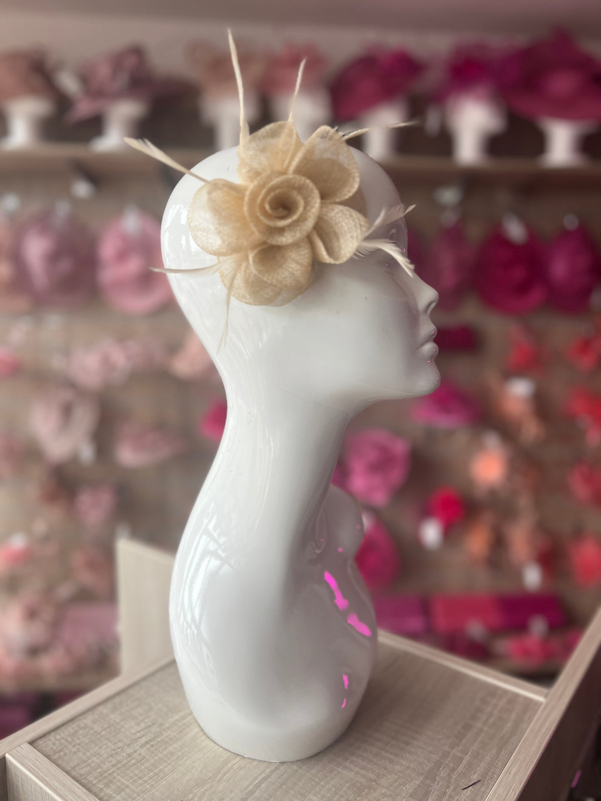Small Beige Flower Fascinator Hair Clip with Feathers-Fascinators Direct