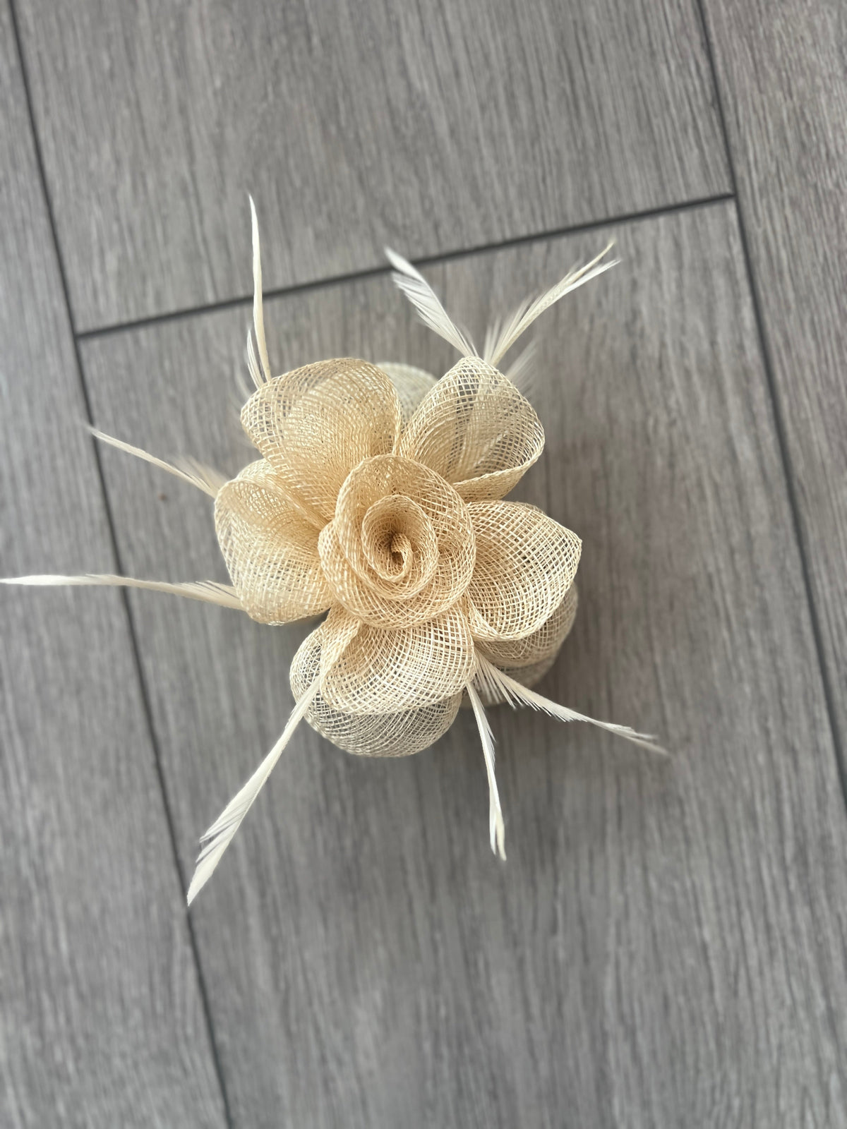 Small Beige Flower Fascinator Hair Clip with Feathers-Fascinators Direct