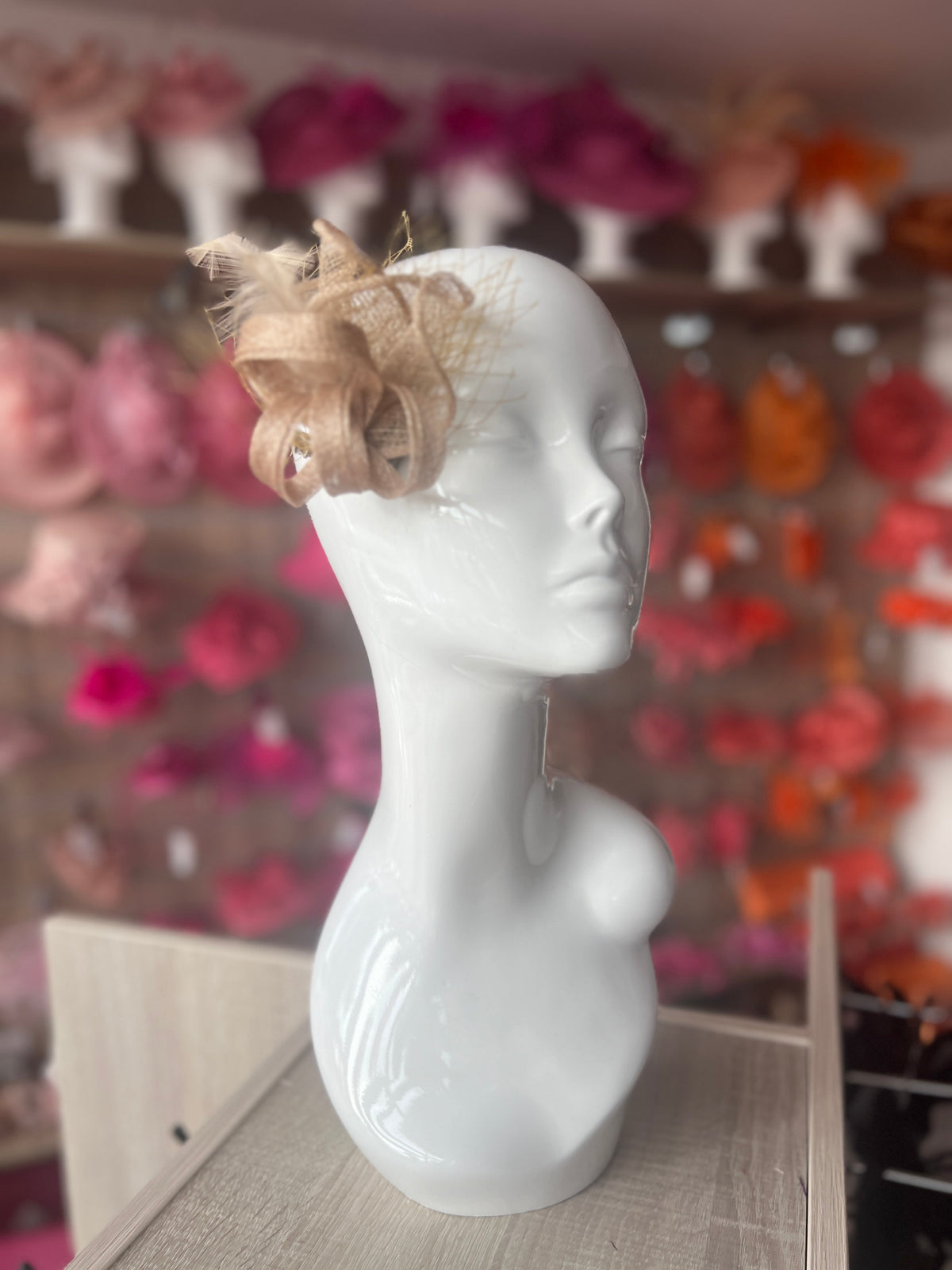 Small Beige Hair Clip Fascinator With Netting &amp; Feathers-Fascinators Direct