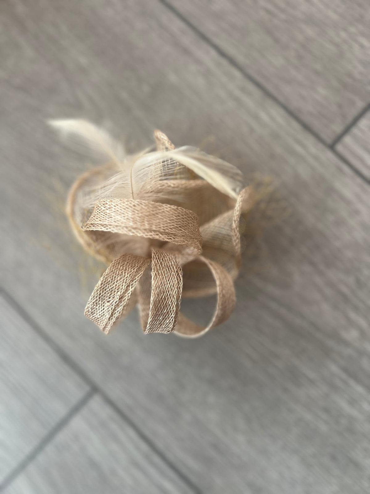 Small Beige Hair Clip Fascinator With Netting &amp; Feathers-Fascinators Direct