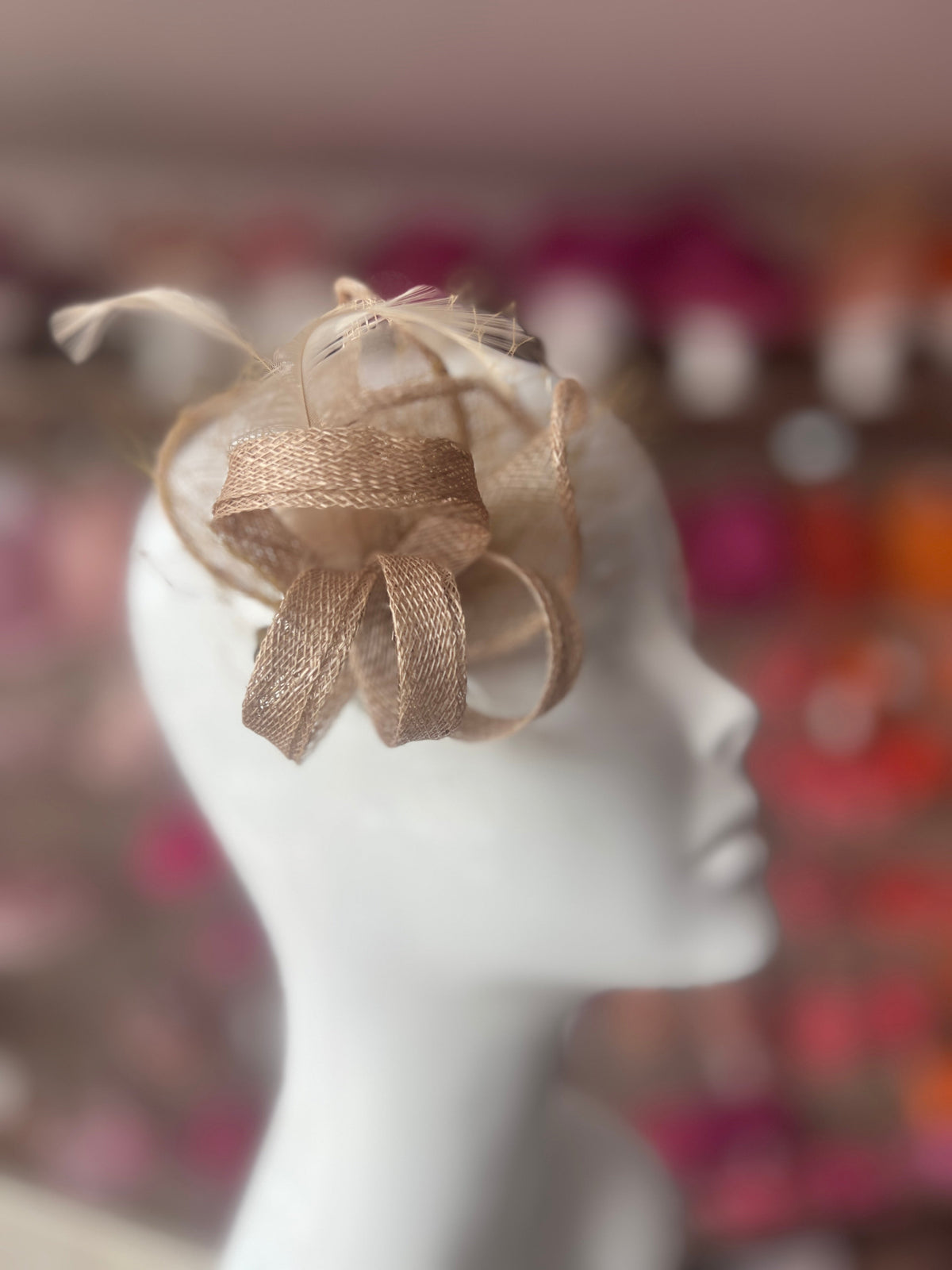 Small Beige Hair Clip Fascinator With Netting &amp; Feathers-Fascinators Direct