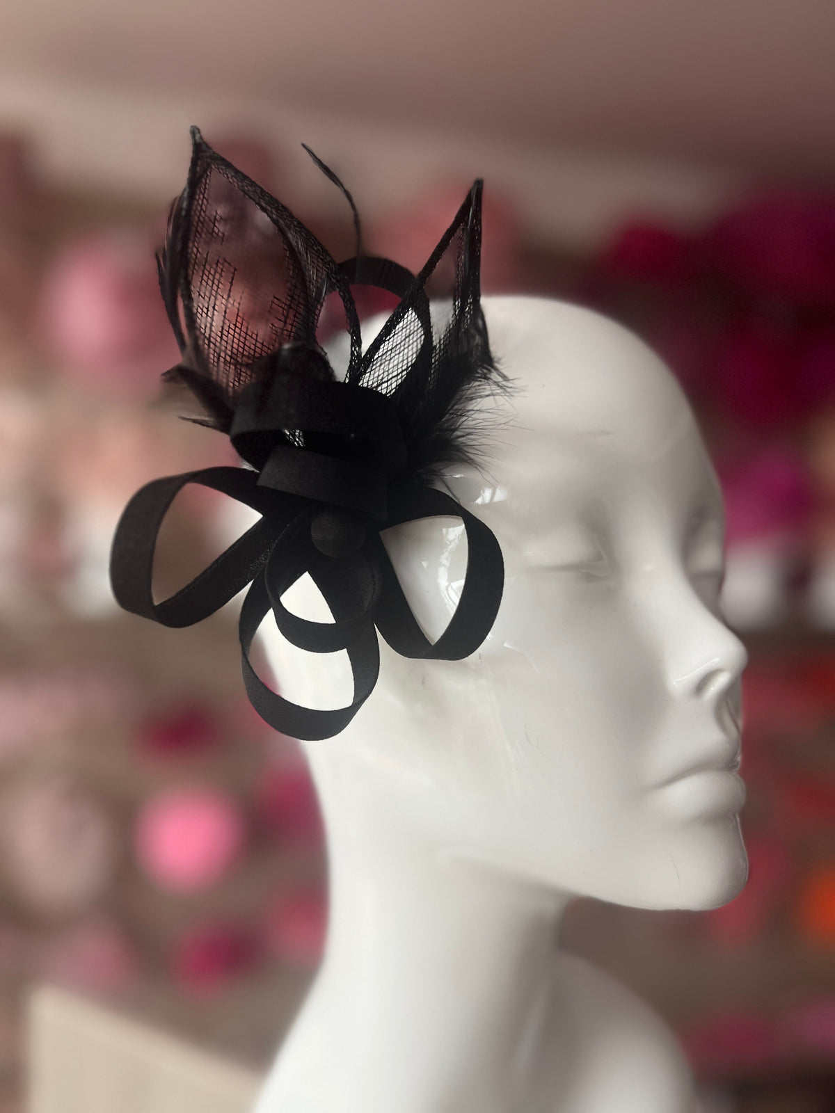 Small Black Fascinator Clip with Feathers &amp; Satin Loops-Fascinators Direct