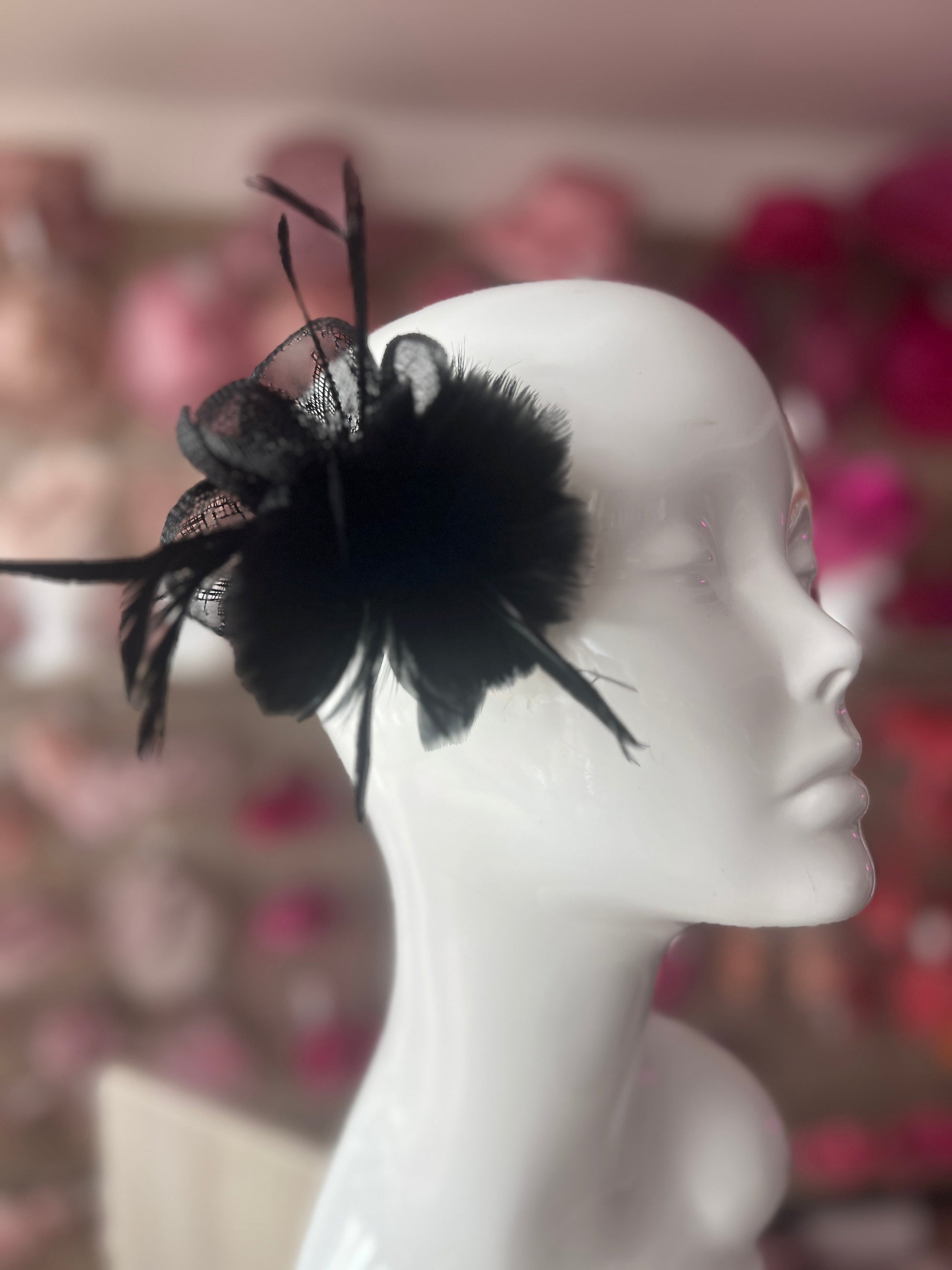 Small Black Fascinator Clip with Feathers & Sinamay Petals-Fascinators Direct