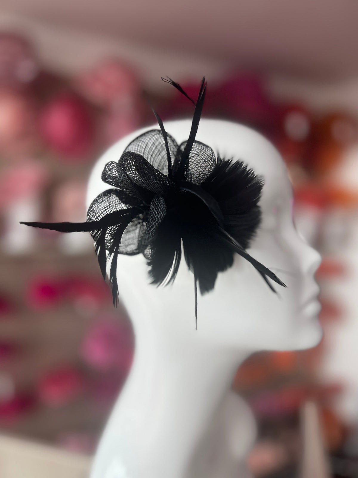 Small Black Fascinator Clip with Feathers &amp; Sinamay Petals-Fascinators Direct