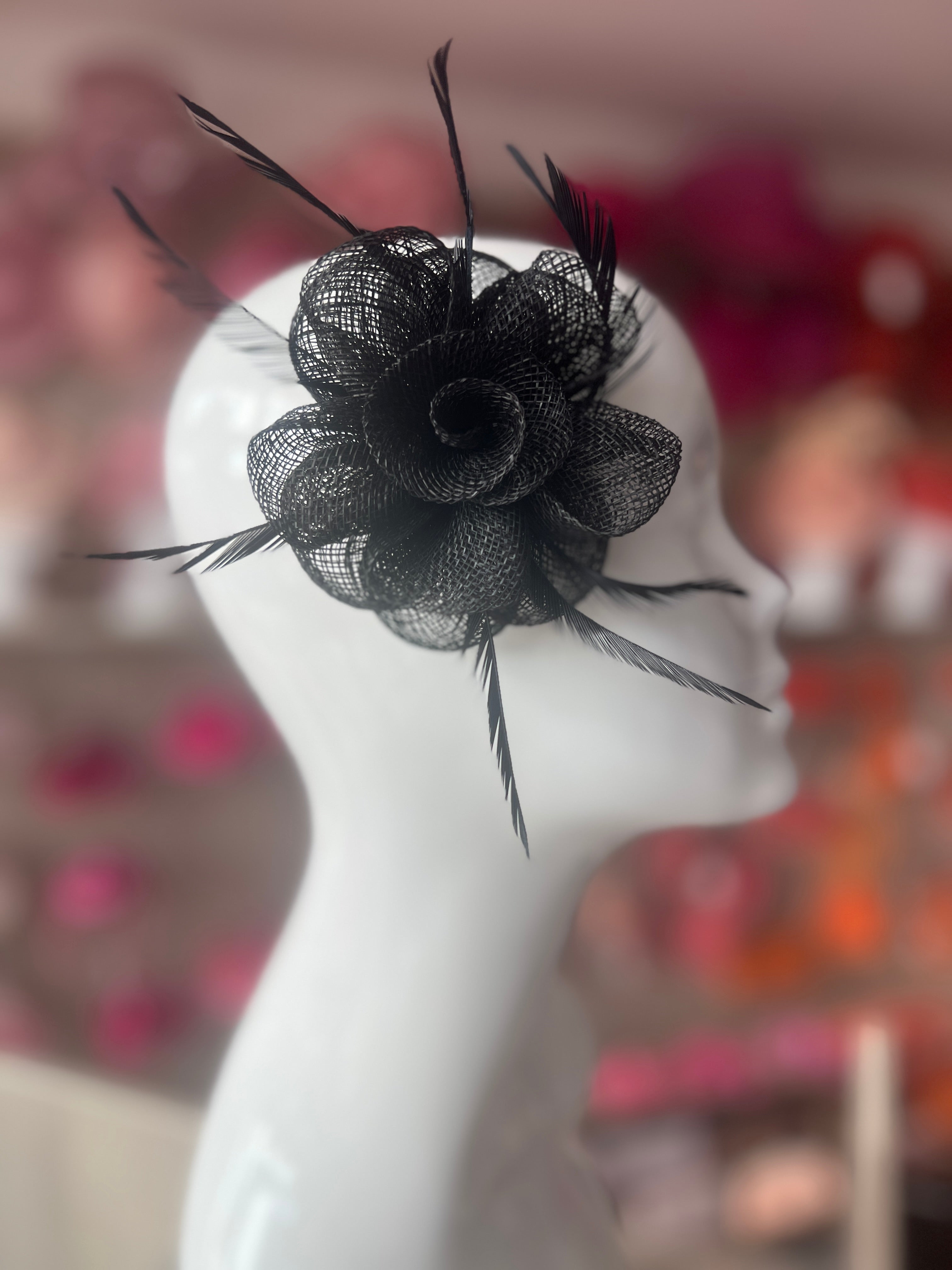 Small Black Flower Fascinator Hair Clip with Feathers