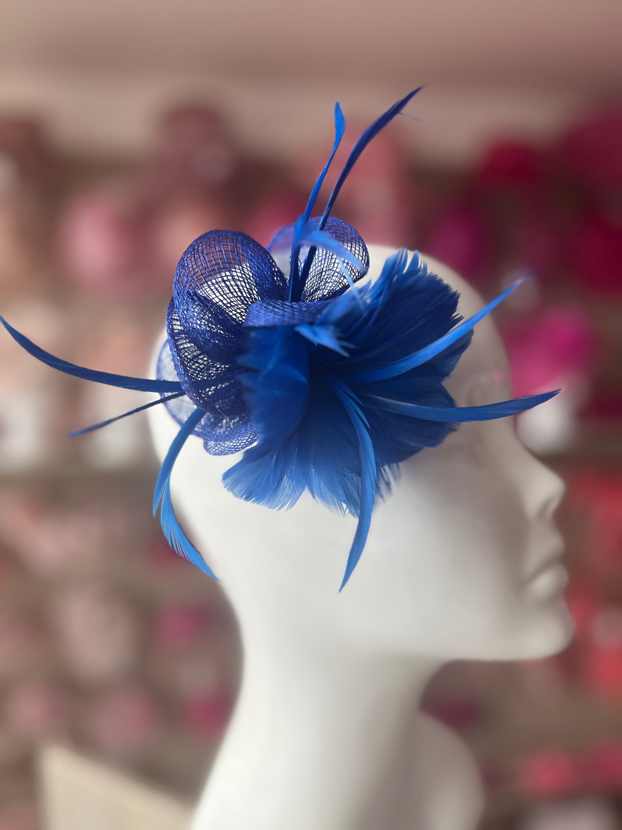 Small Blue Fascinator Clip with Feathers & Sinamay Petals-Fascinators Direct