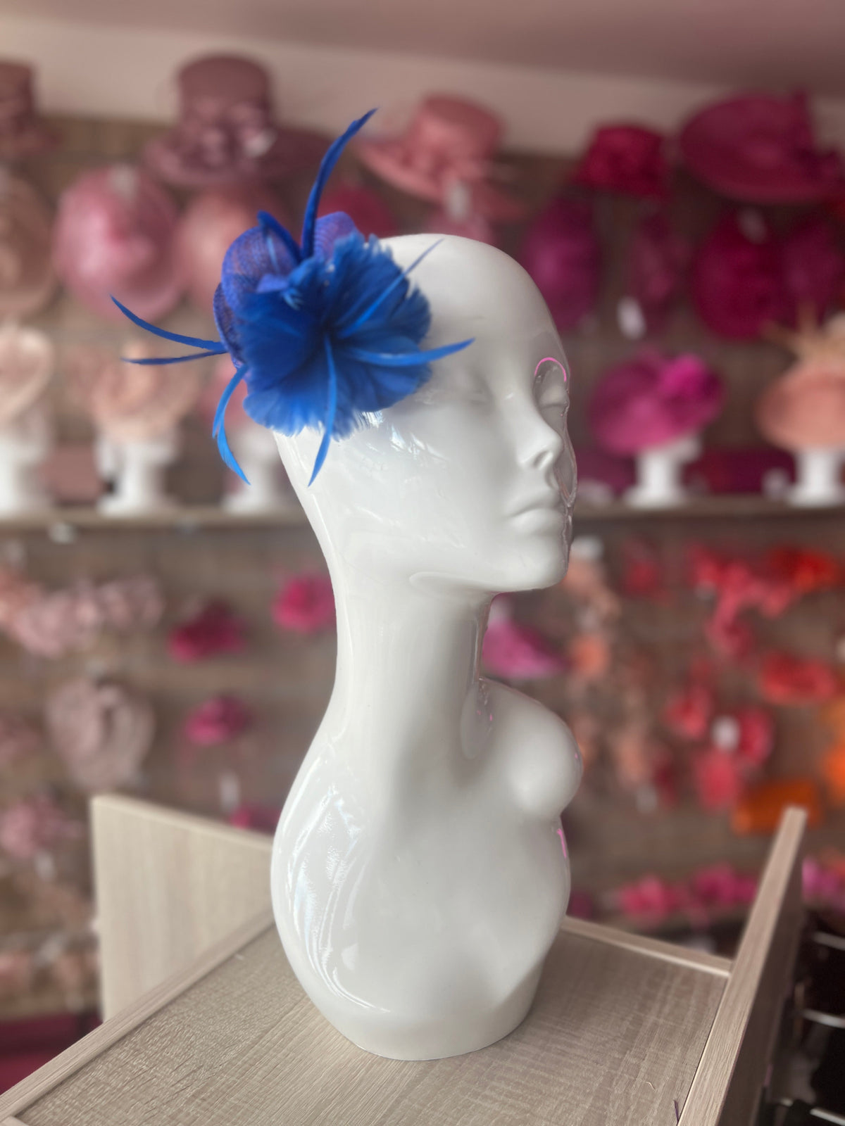 Small Blue Fascinator Clip with Feathers &amp; Sinamay Petals-Fascinators Direct