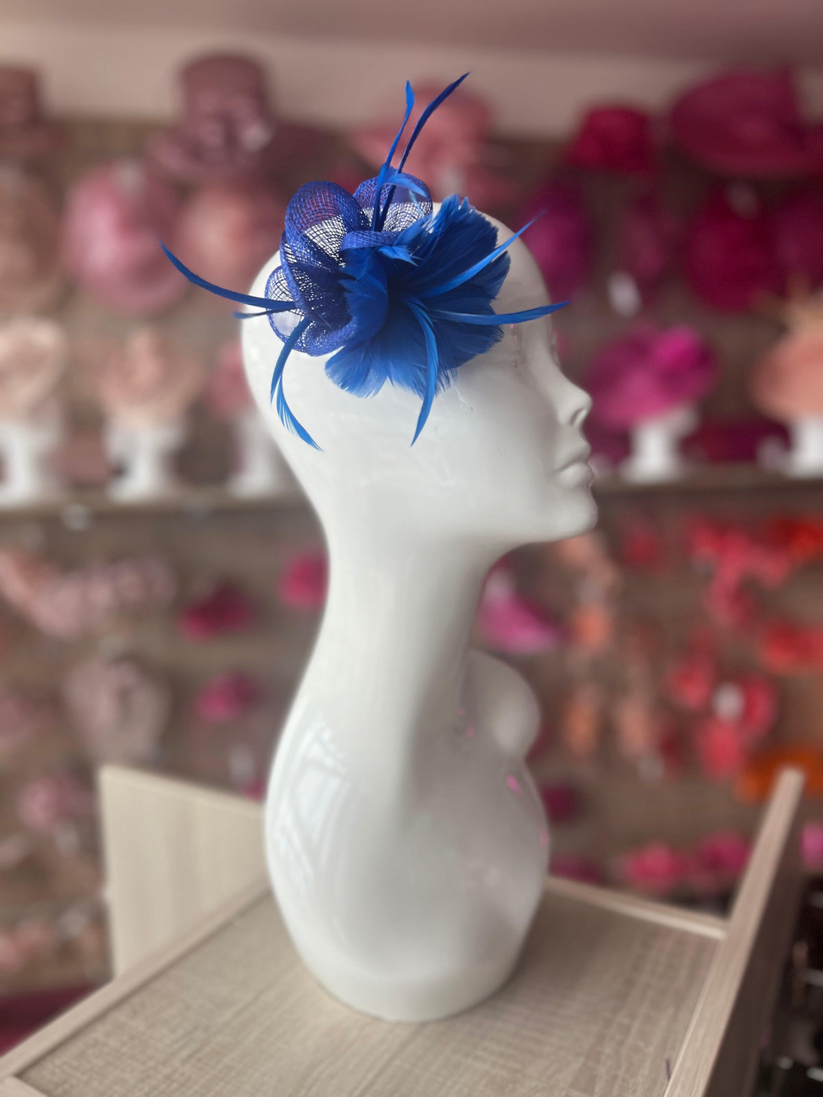 Small Blue Fascinator Clip with Feathers &amp; Sinamay Petals-Fascinators Direct