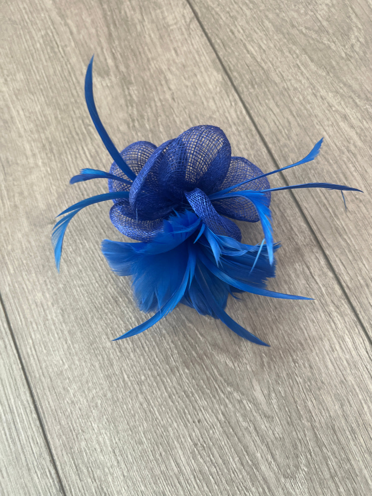 Small Blue Fascinator Clip with Feathers &amp; Sinamay Petals-Fascinators Direct
