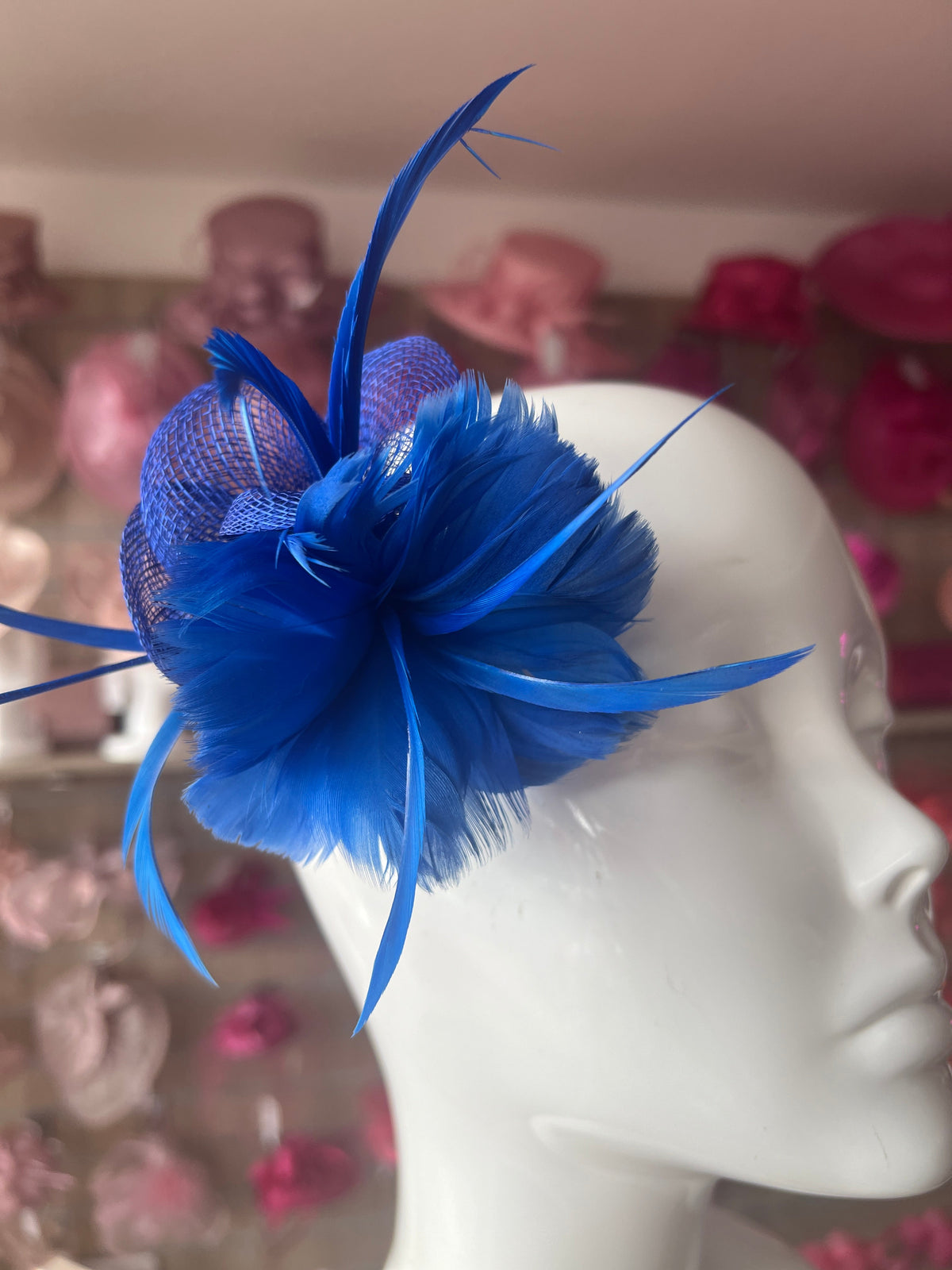Small Blue Fascinator Clip with Feathers &amp; Sinamay Petals-Fascinators Direct