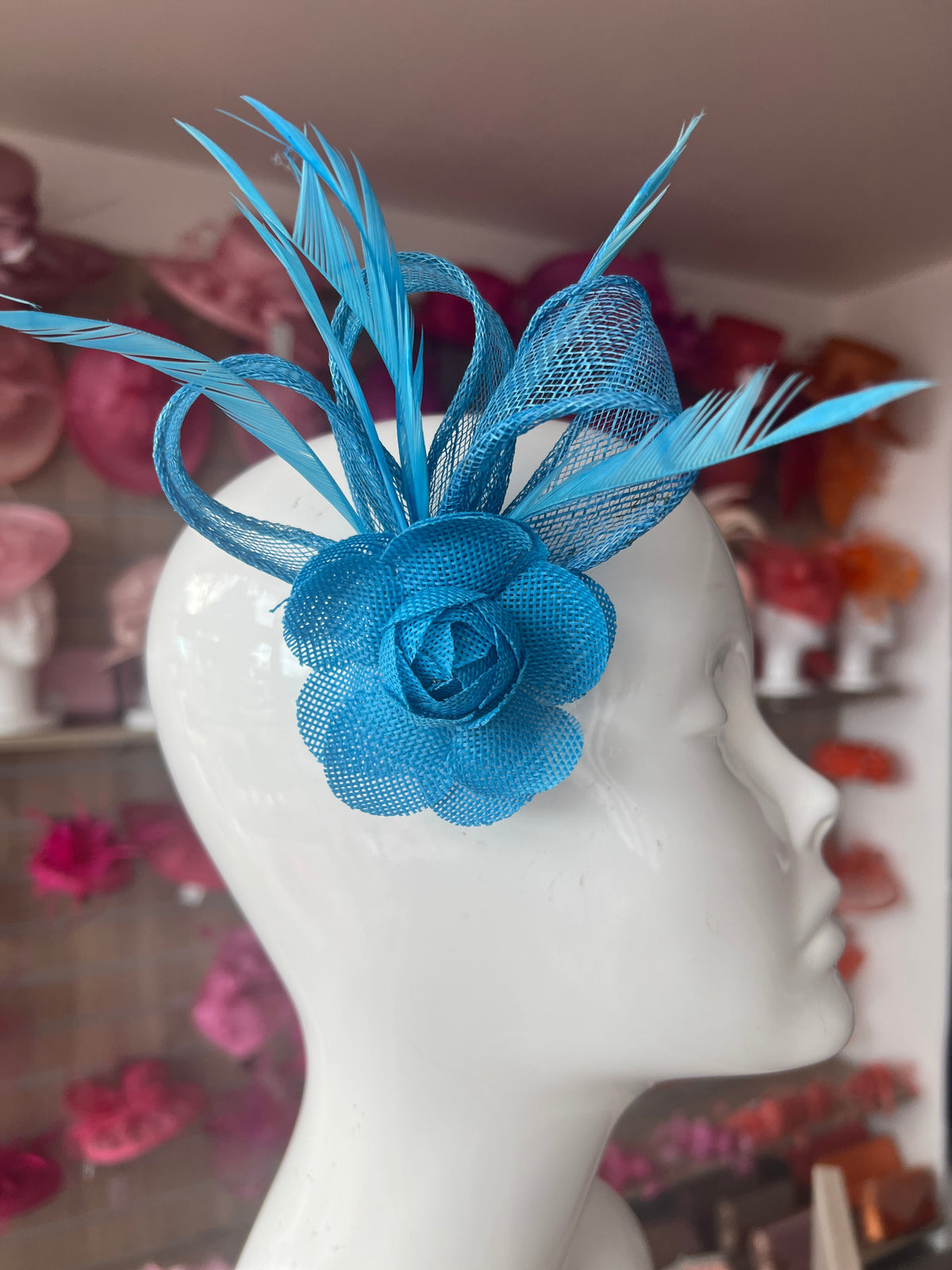 Small Blue Rose Flower Fascinator Clip with Feathers-Fascinators Direct