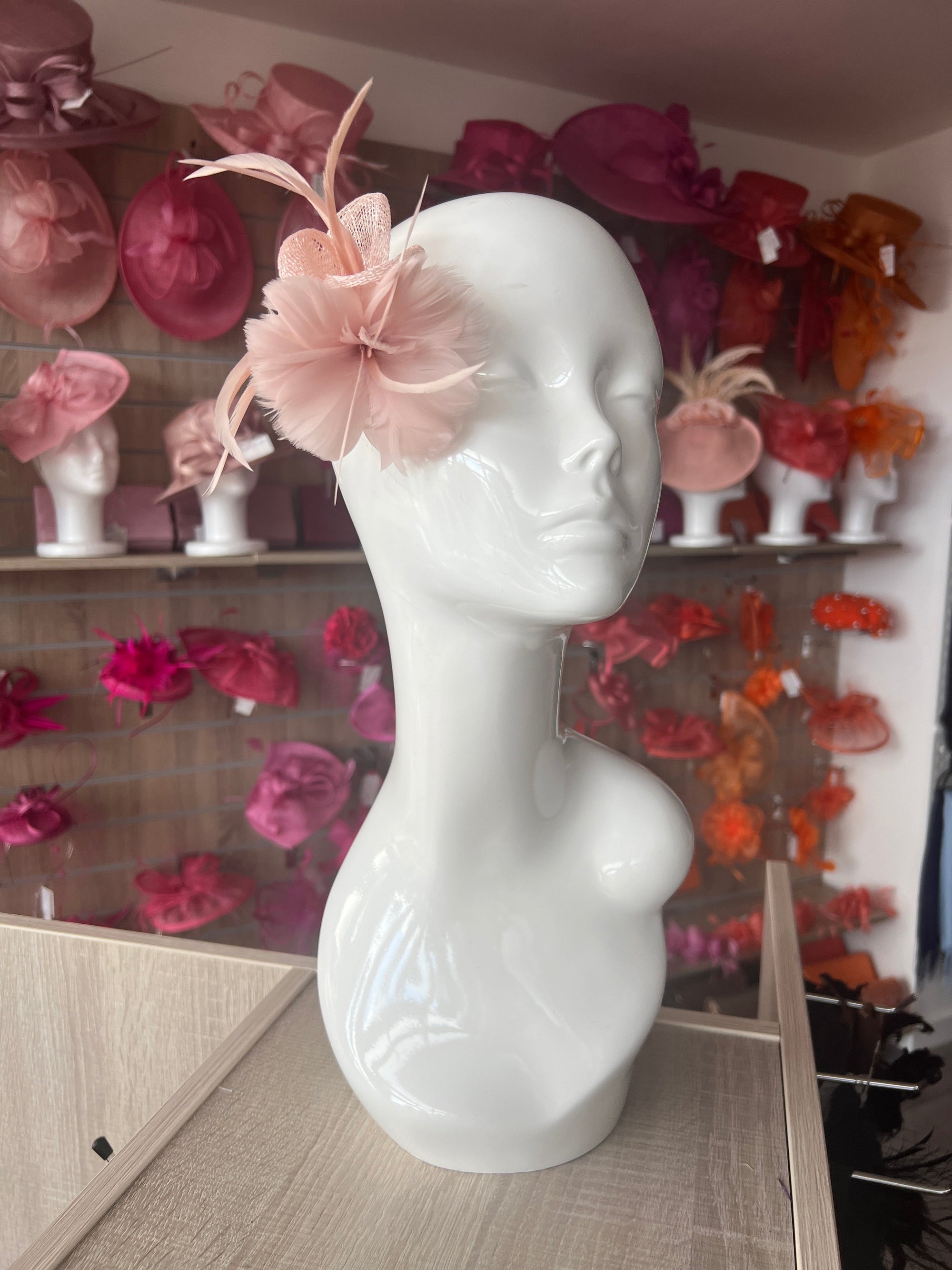 Small Blush Fascinator Clip with Feathers & Sinamay Petals-Fascinators Direct