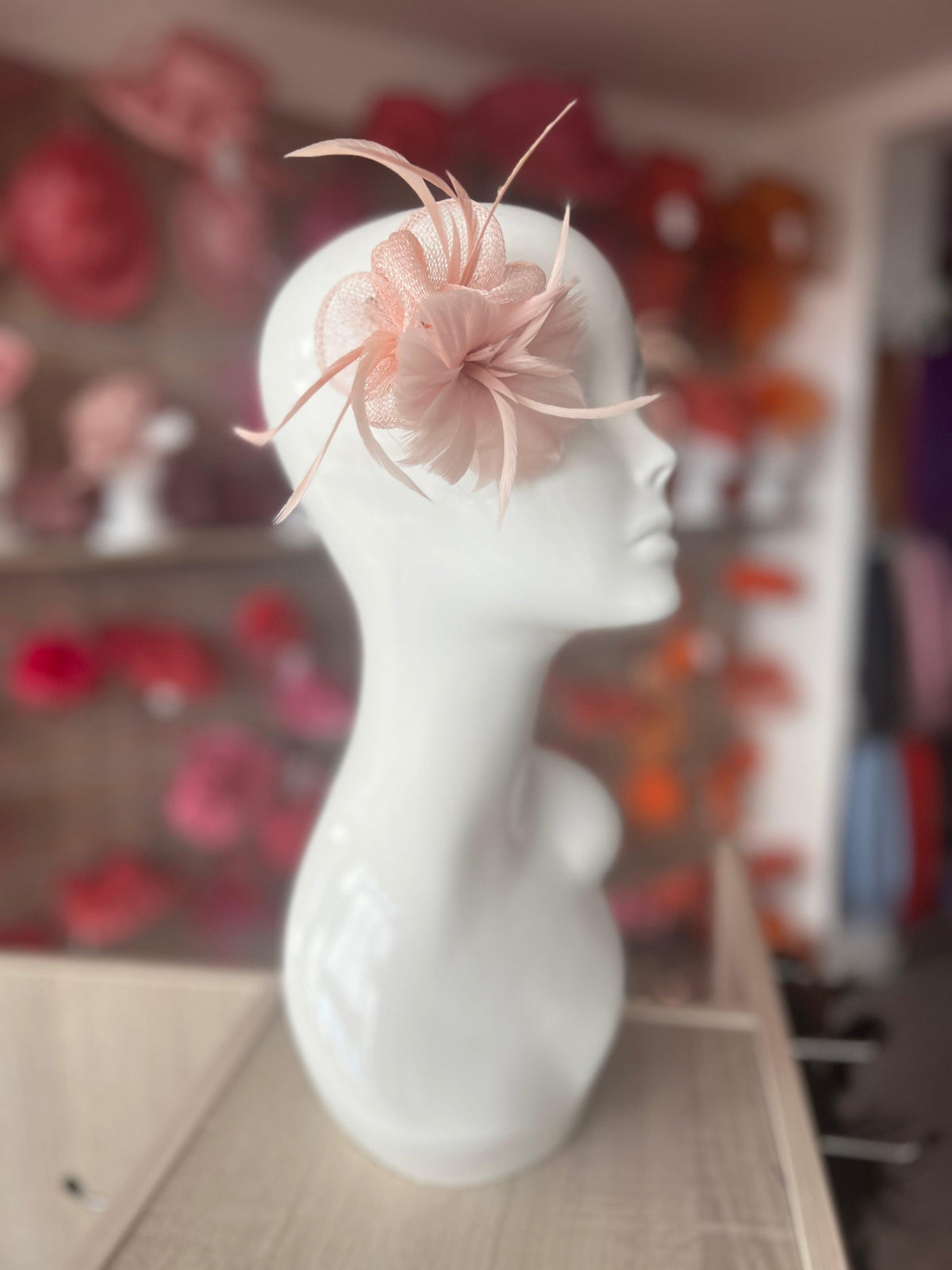 Small Blush Fascinator Clip with Feathers &amp; Sinamay Petals-Fascinators Direct