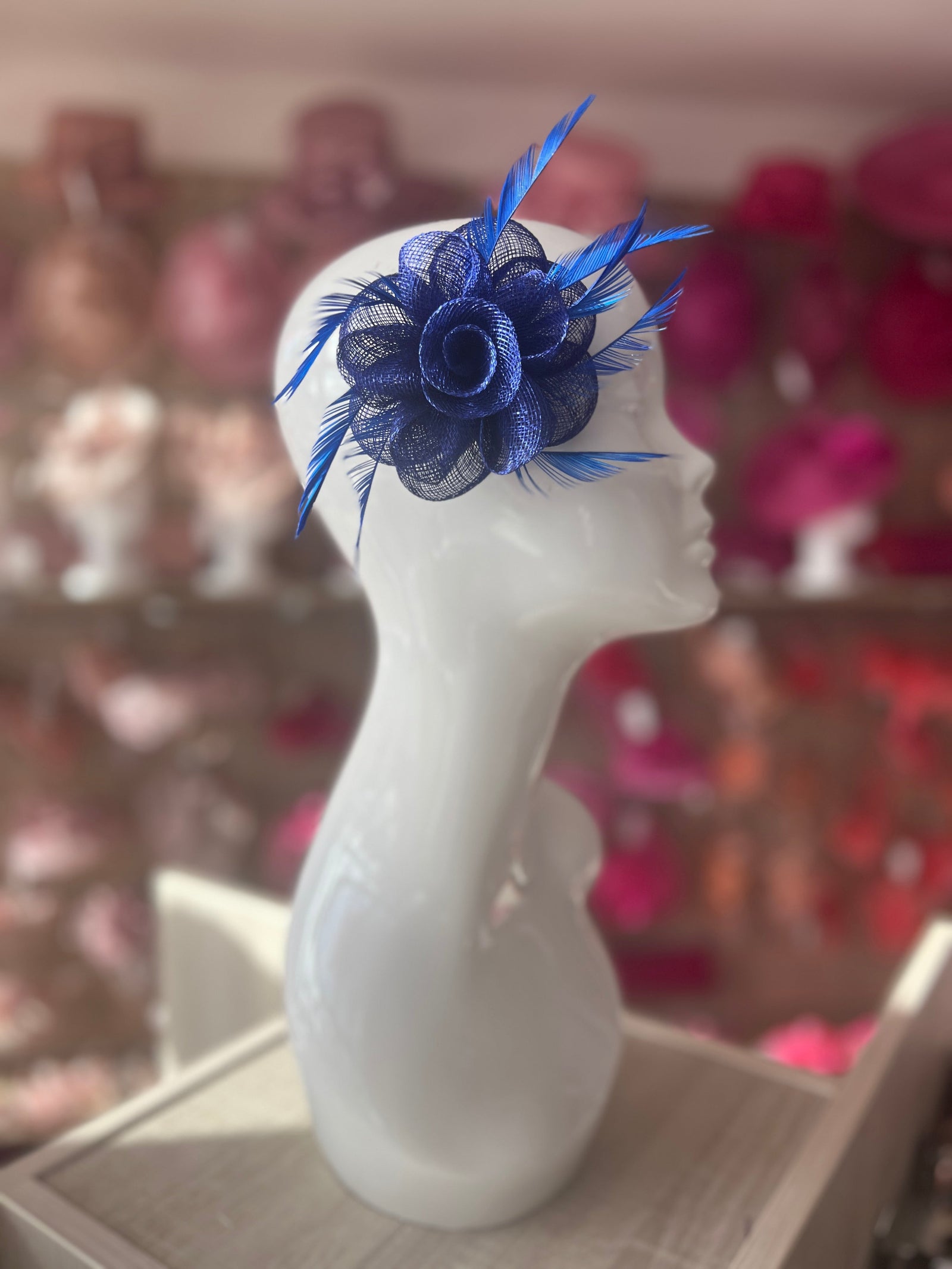 Small Cobalt Blue Flower Fascinator Hair Clip with Feathers-Fascinators Direct