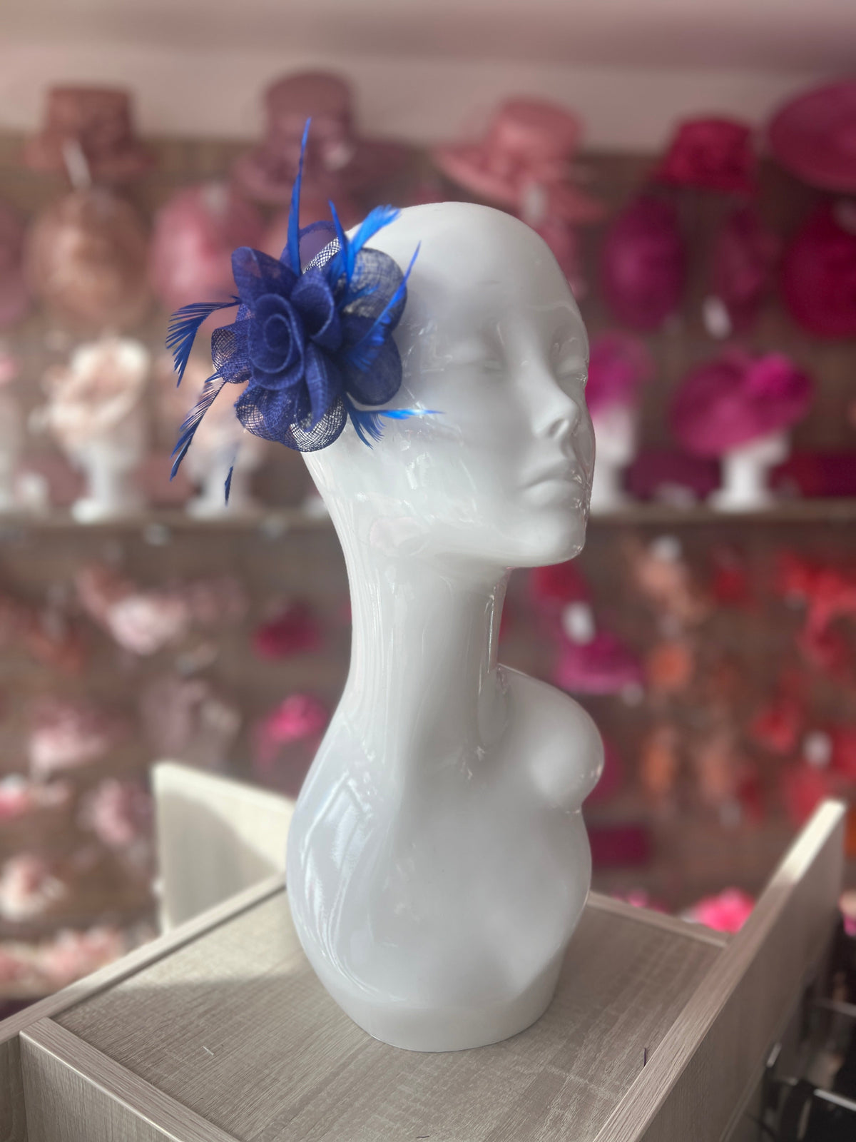 Small Cobalt Blue Flower Fascinator Hair Clip with Feathers-Fascinators Direct