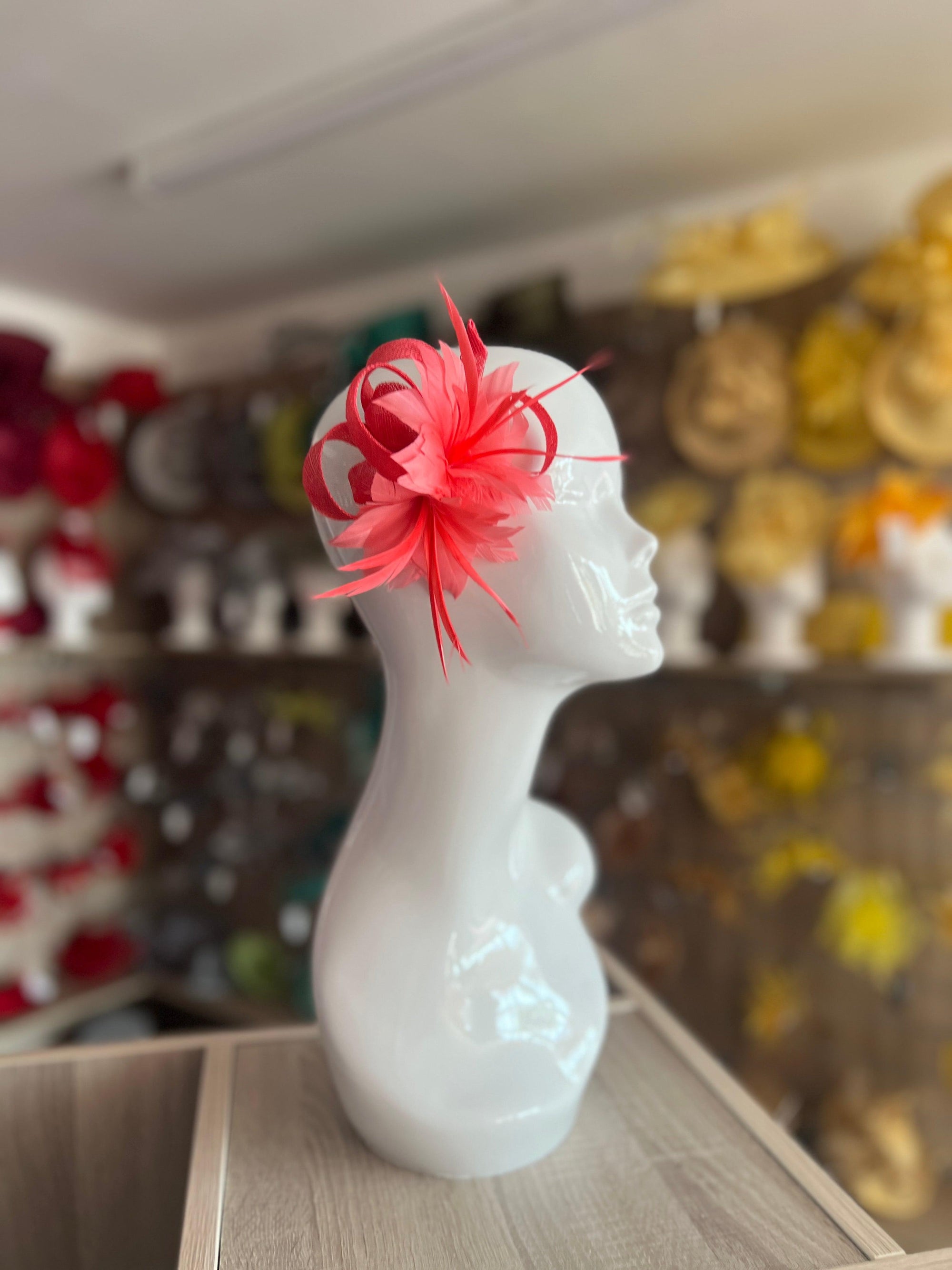 Small Coral Fascinator Clip with Feathers & Loops-Fascinators Direct