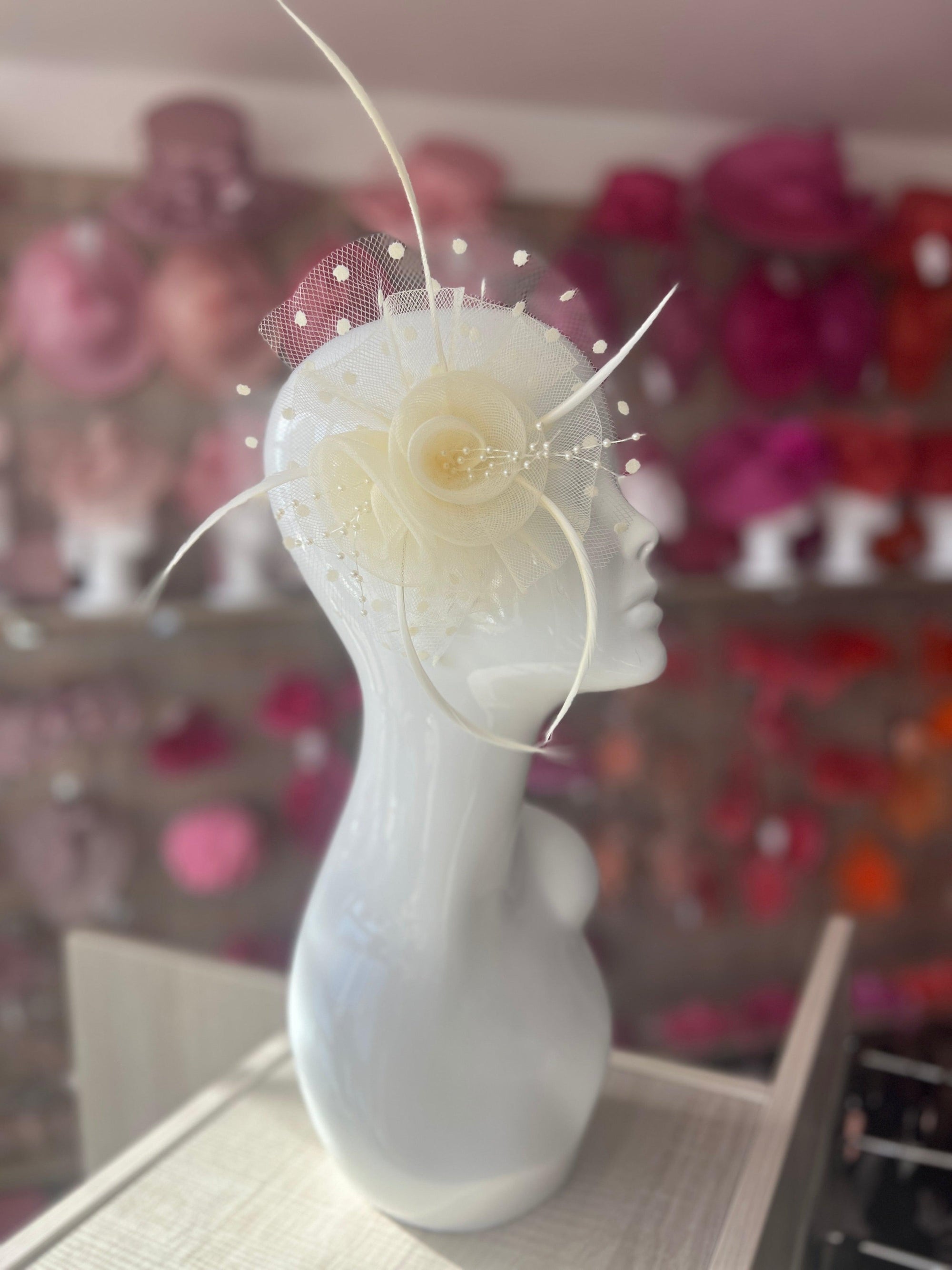 Small Cream Fascinator Clip With Poka Dots-Fascinators Direct