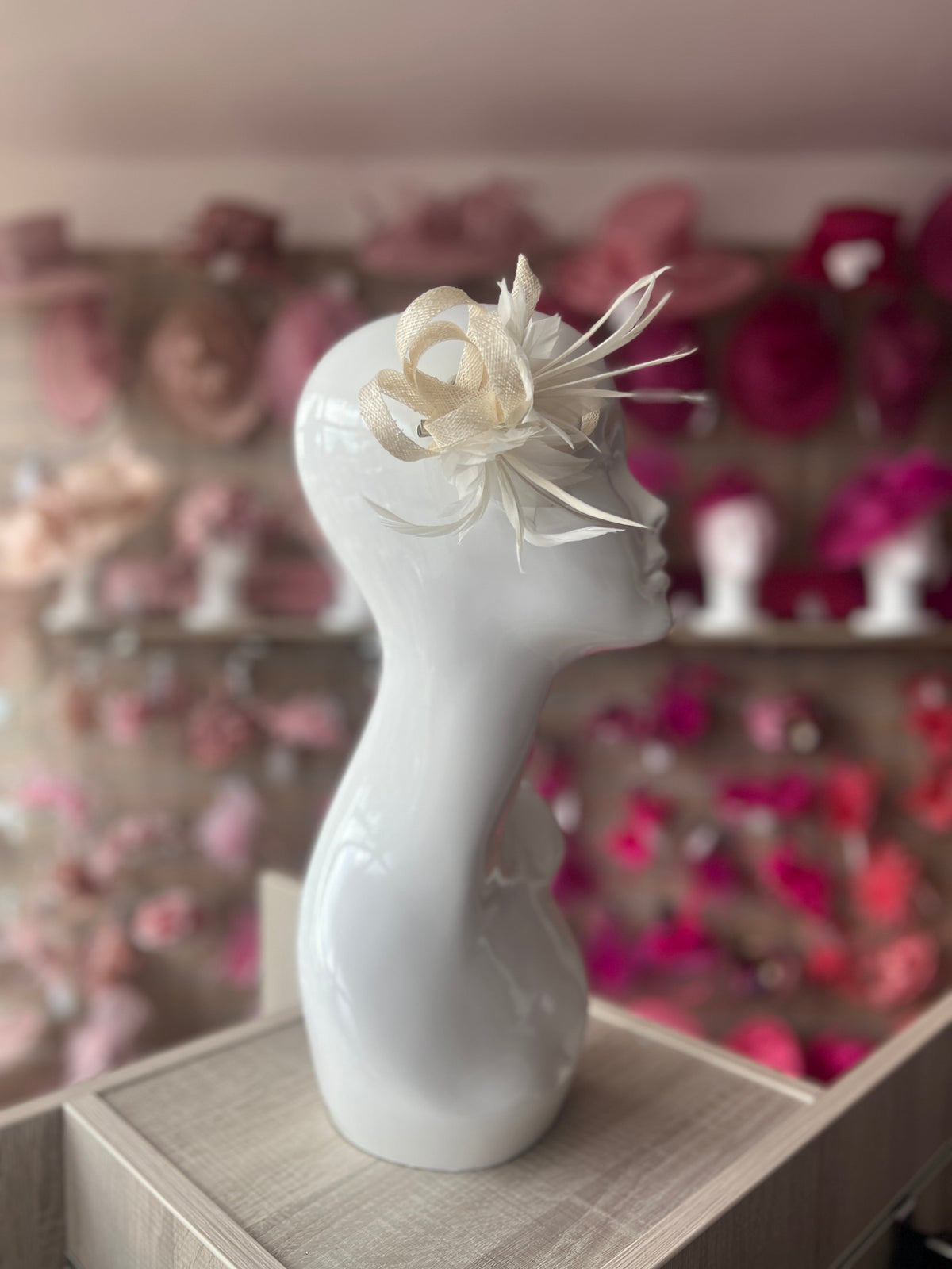 Small Cream &amp; White Fascinator Clip with Feathers and Sinamay Loops-Fascinators Direct