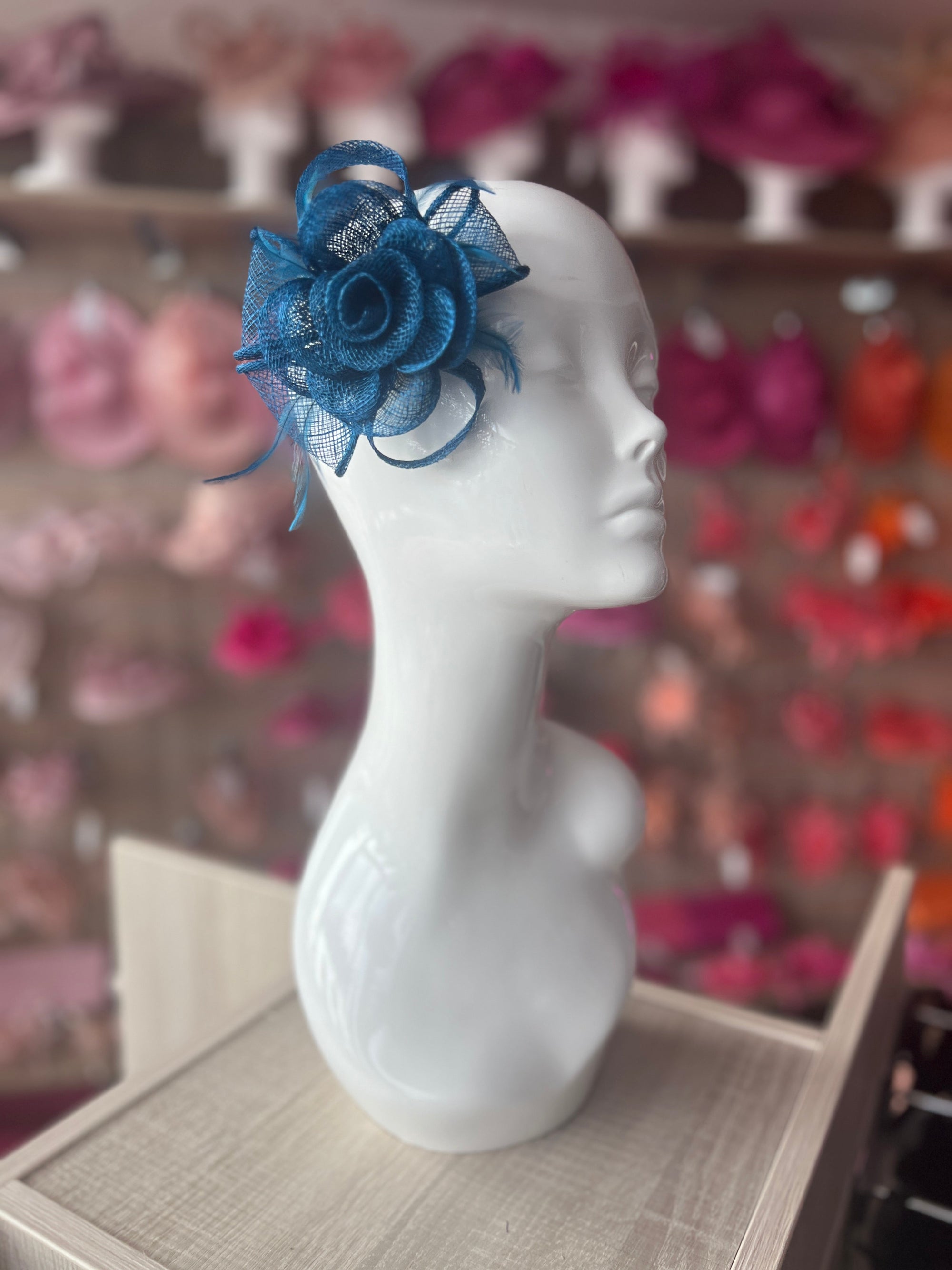 Small Dark Blue Fascinator Clip with Bow & Flower-Fascinators Direct