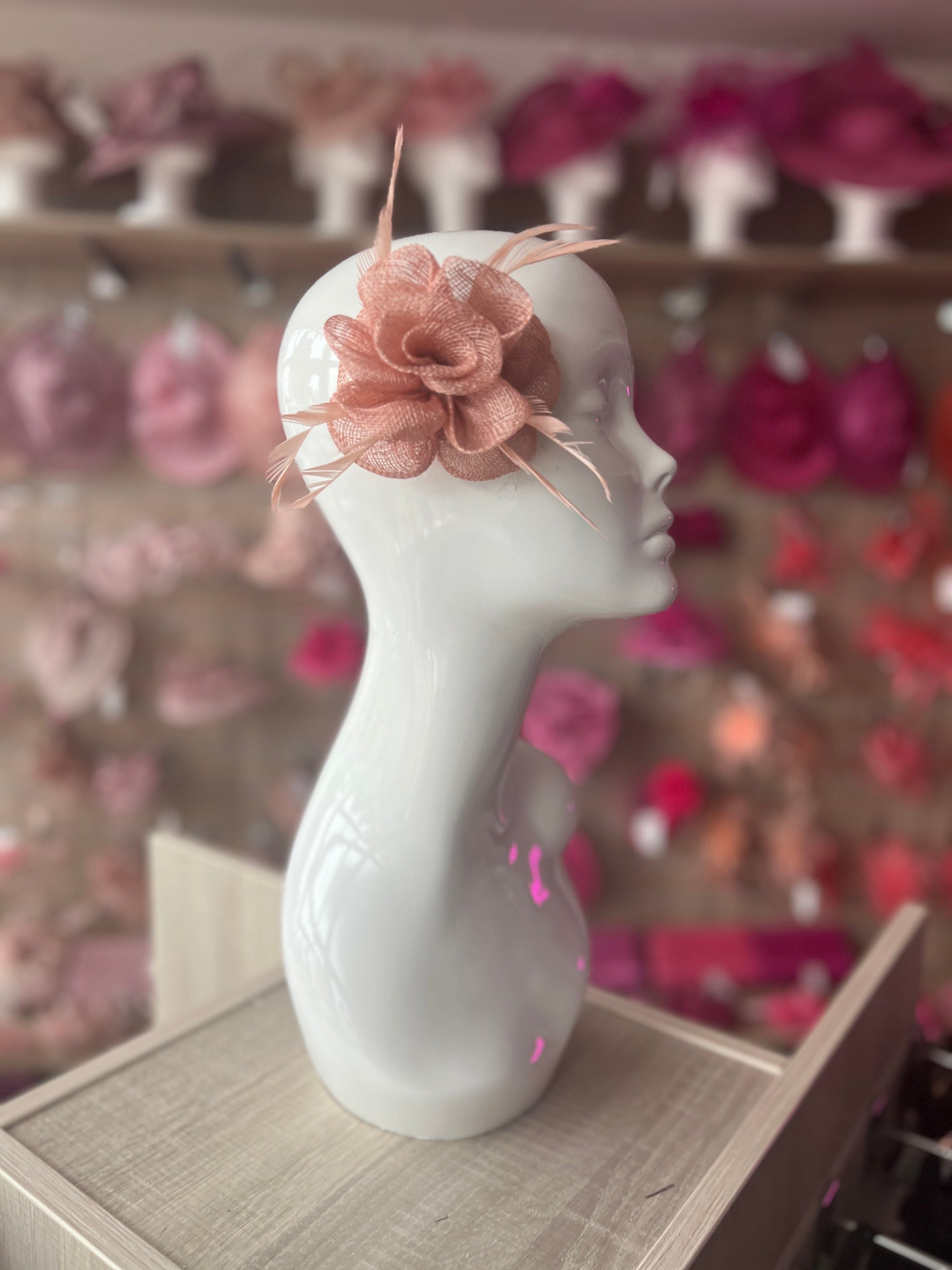 Small Dusky Pink Flower Fascinator Hair Clip with Feathers-Fascinators Direct