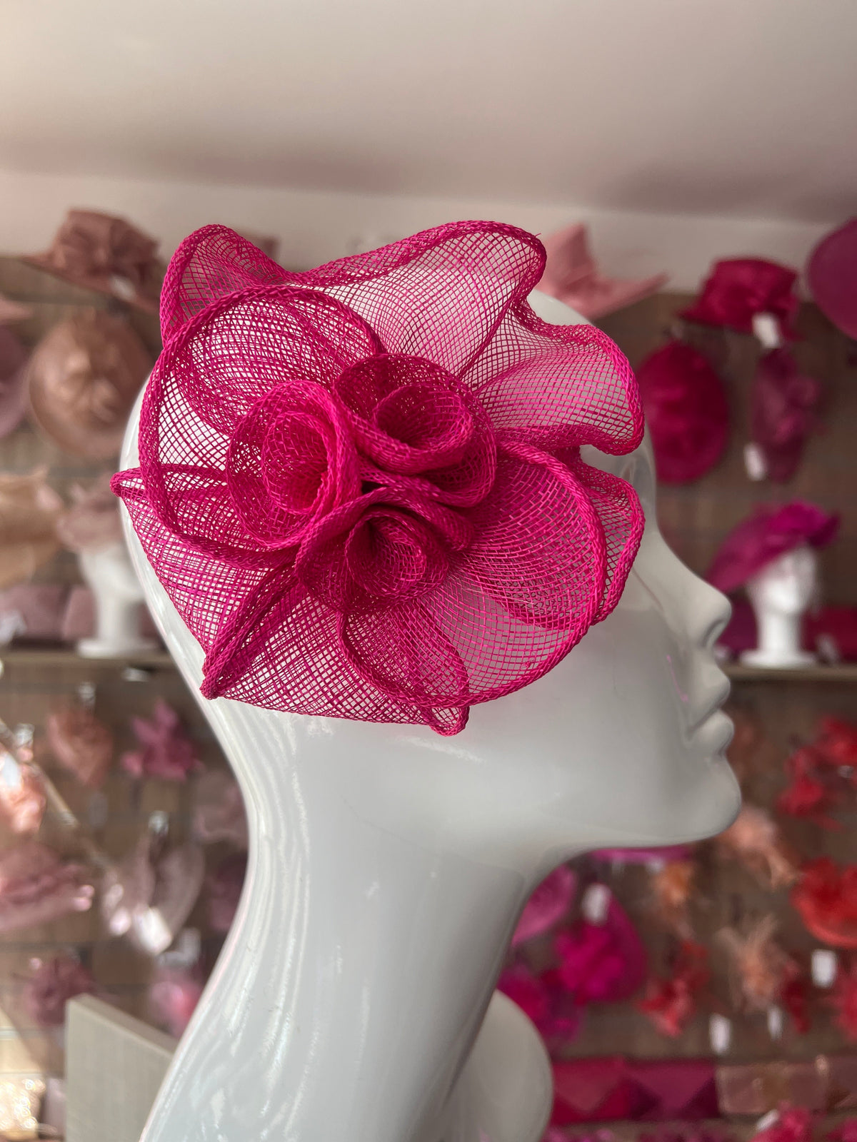 Small Fluted Sinamay Fuchsia Hair Fascinator Clip-Fascinators Direct