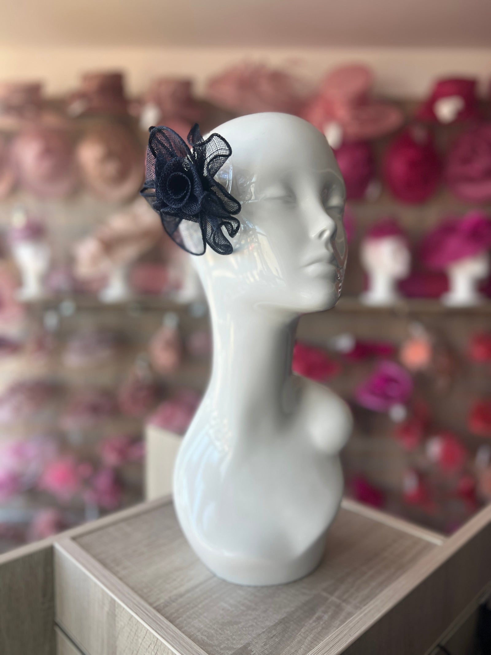 Small Fluted Sinamay Navy Hair Fascinator Clip-Fascinators Direct