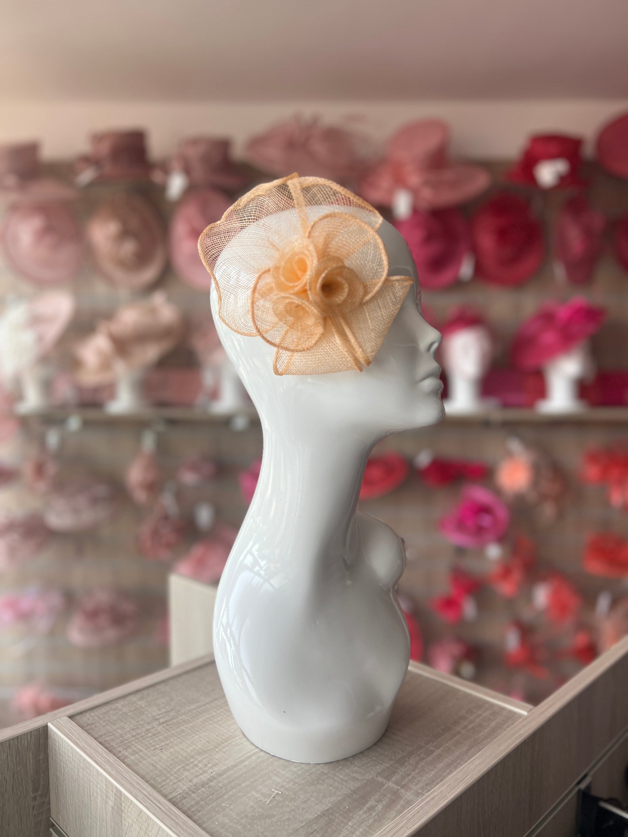 Small Fluted Sinamay Peach Nude Hair Fascinator Clip-Fascinators Direct