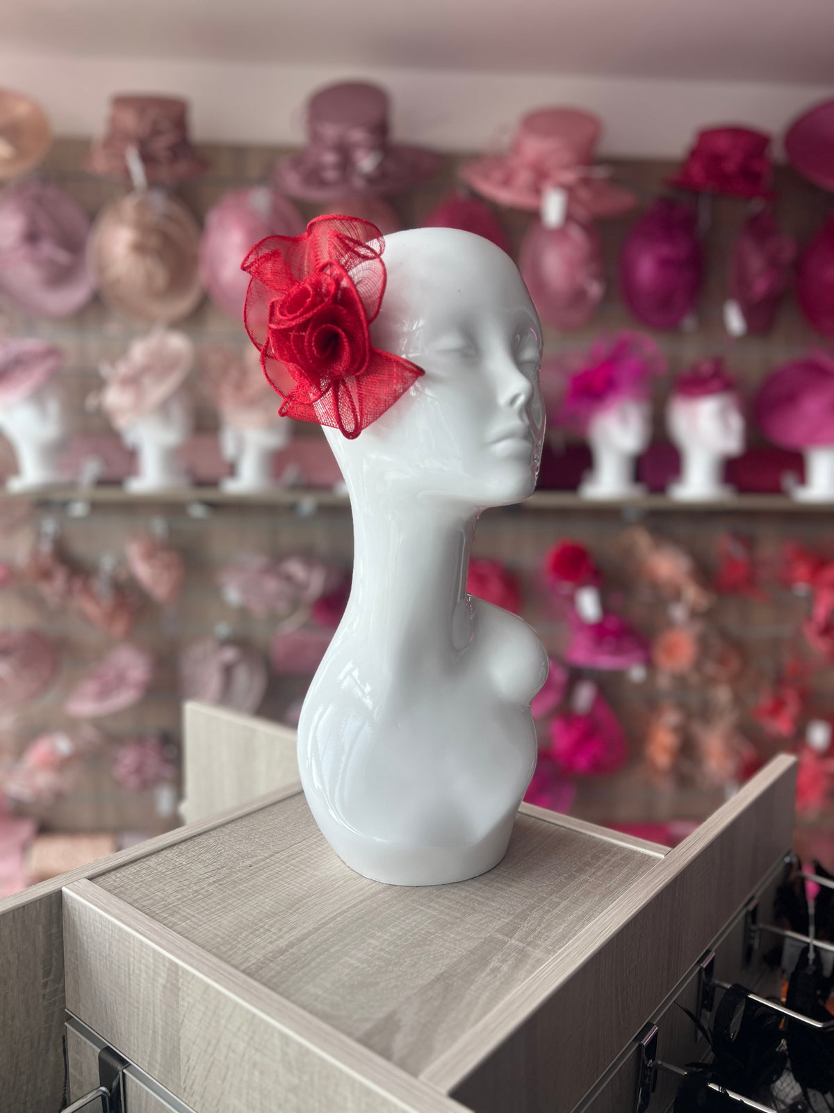 Small Fluted Sinamay Red Hair Fascinator Clip-Fascinators Direct