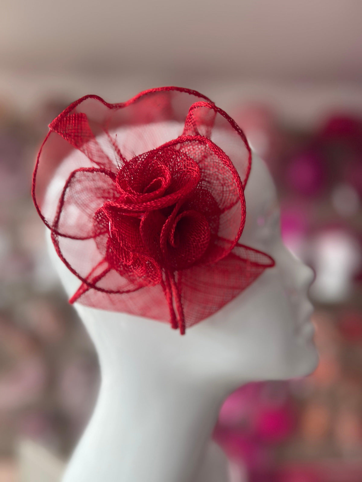 Small Fluted Sinamay Red Hair Fascinator Clip-Fascinators Direct