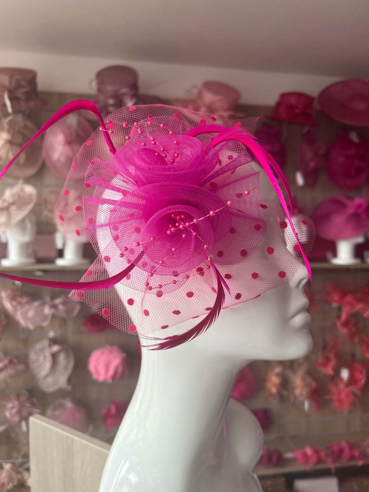 Small Fuchsia Fascinator Clip With Poka Dots-Fascinators Direct