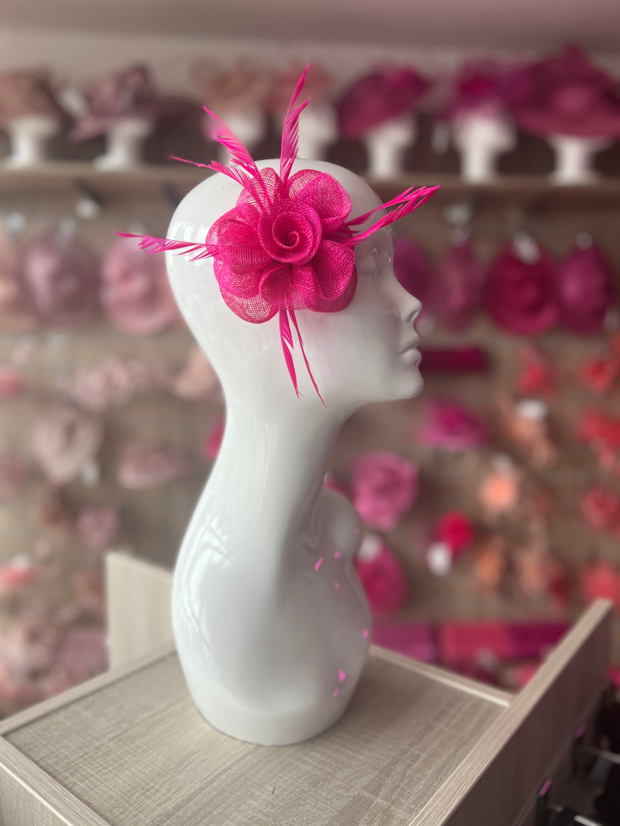 Small Fuchsia Flower Fascinator Hair Clip with Feathers-Fascinators Direct