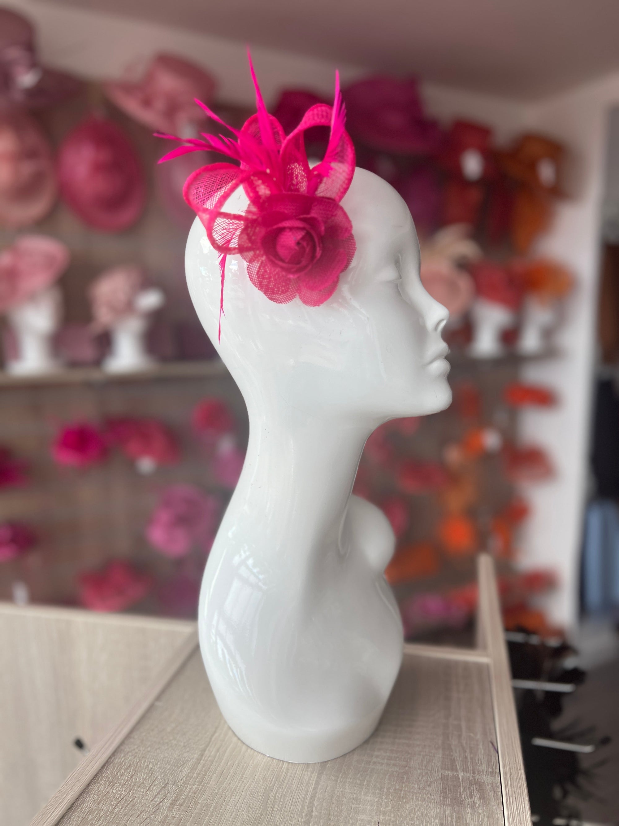 Small Fuchsia Rose Flower Fascinator Clip with Feathers-Fascinators Direct