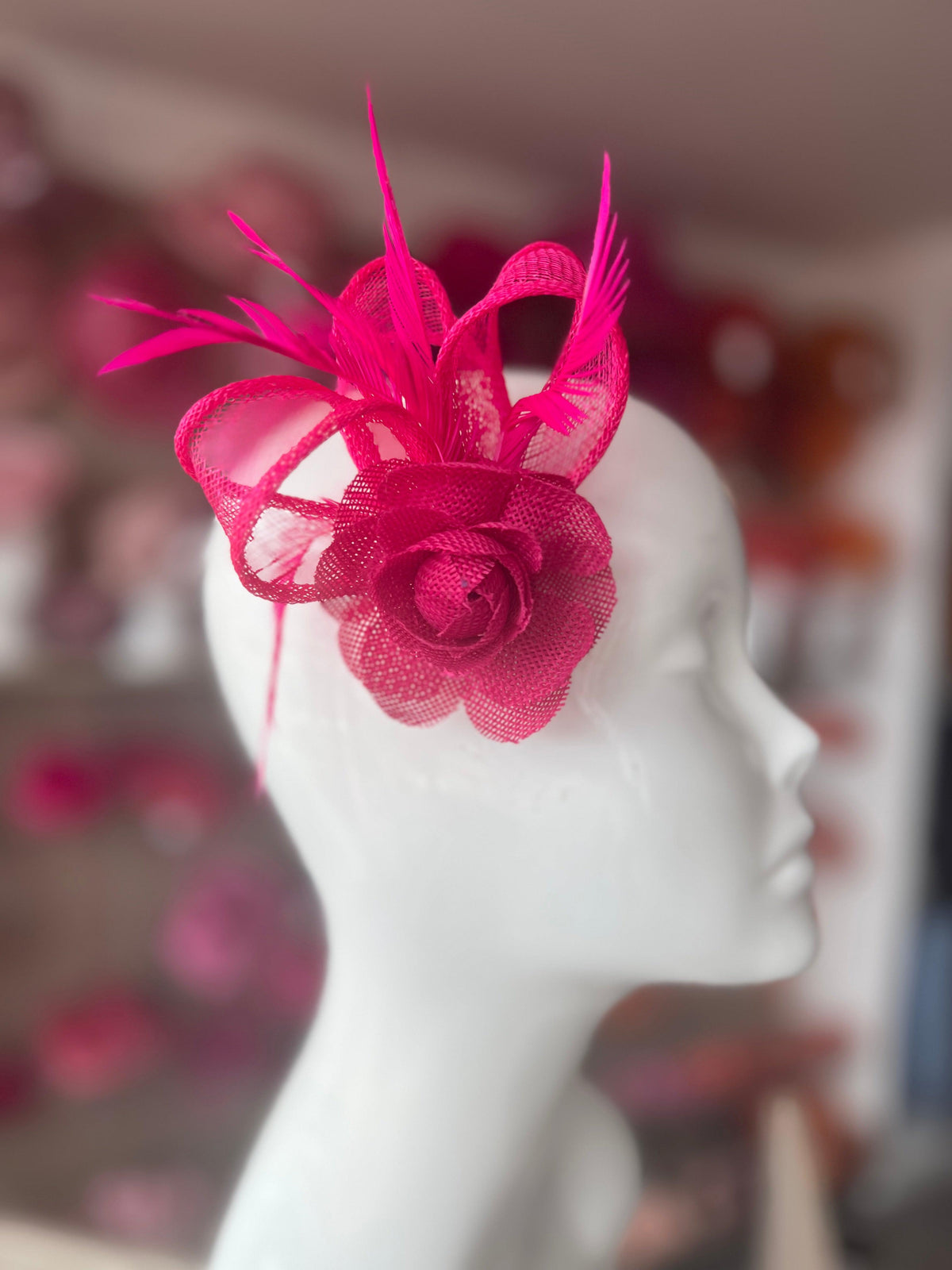 Small Fuchsia Rose Flower Fascinator Clip with Feathers-Fascinators Direct