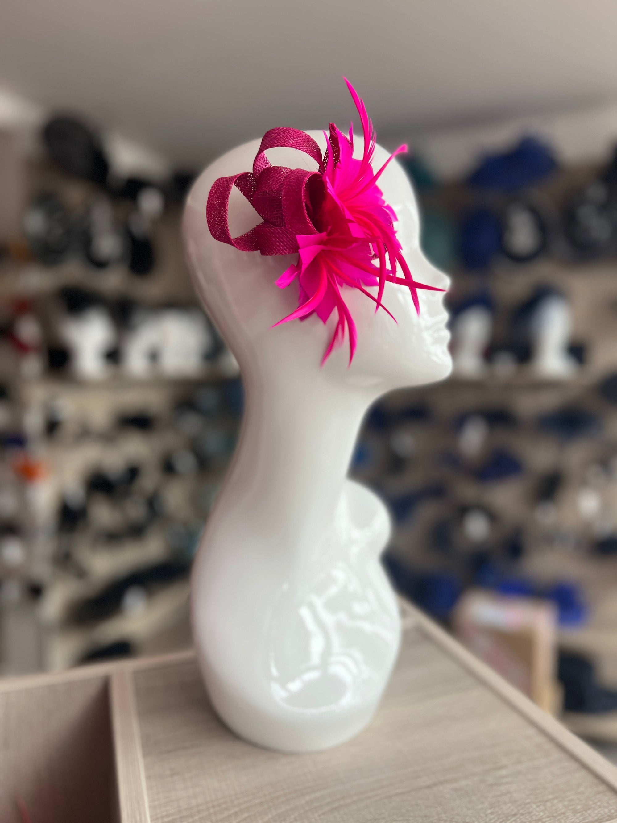 Small Fuschia Fascinator Clip with Feathers & Sinamay Loops-Fascinators Direct