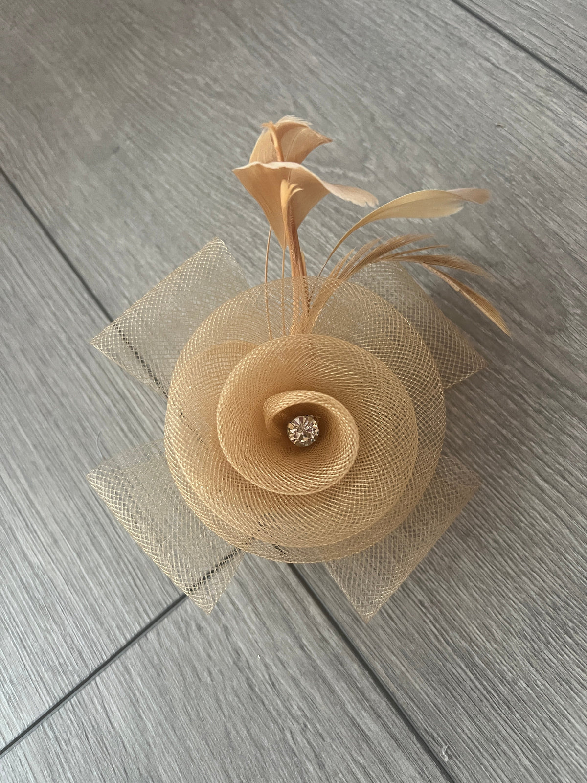 Small Gold Fascinator Hair Clip Crinoline Flower With Diamante-Fascinators Direct