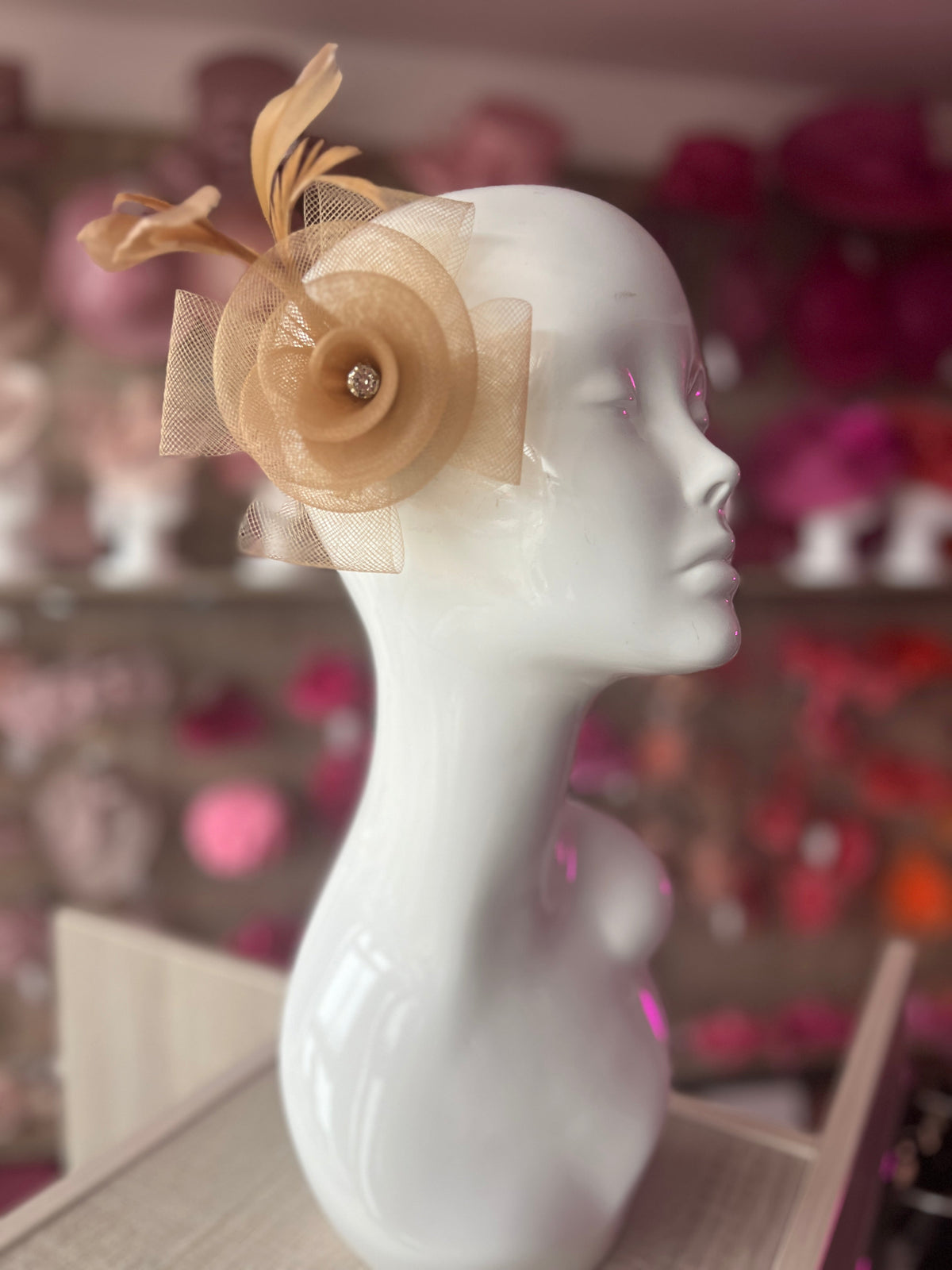 Small Gold Fascinator Hair Clip Crinoline Flower With Diamante-Fascinators Direct