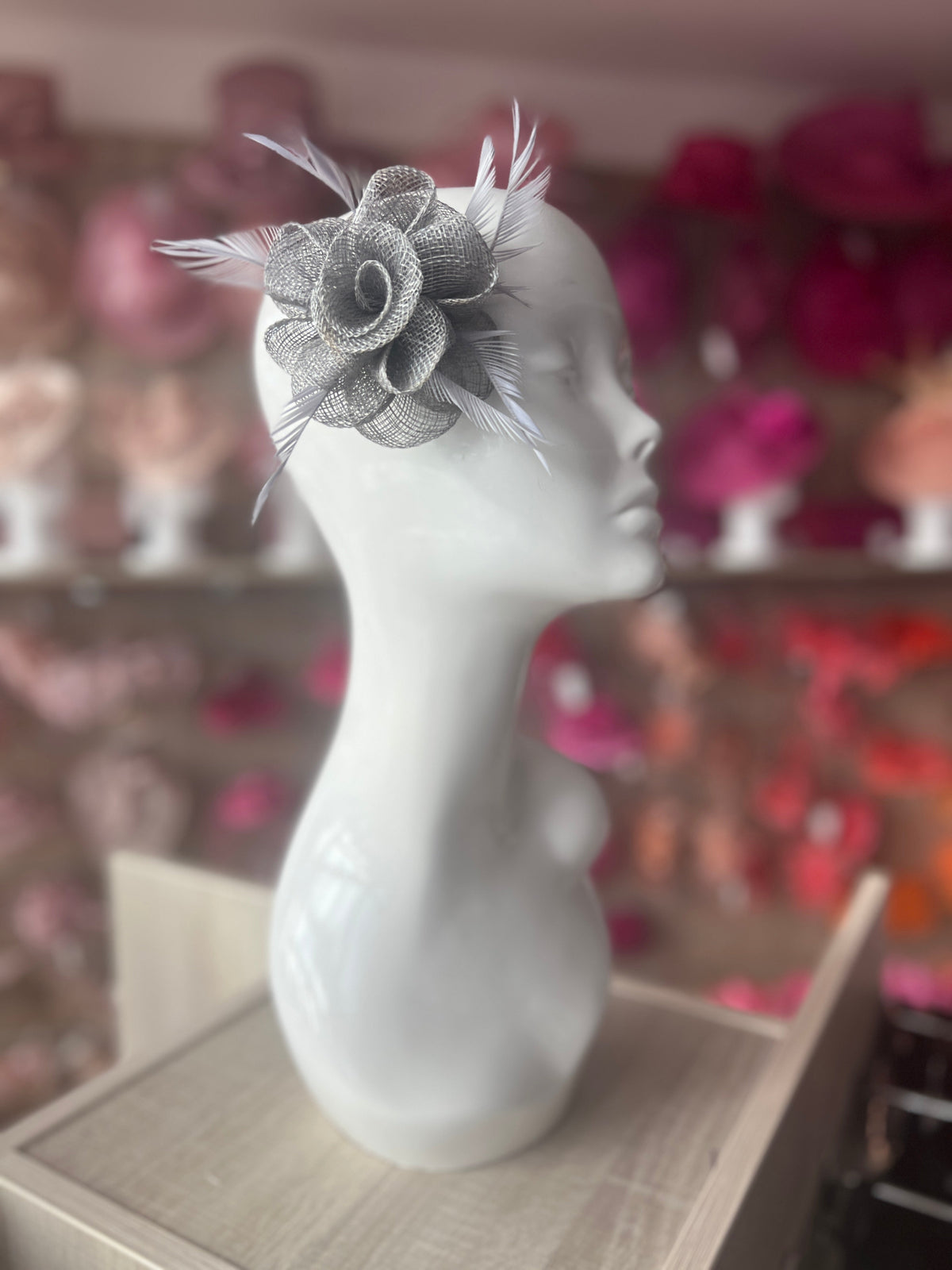 Small Grey Flower Fascinator Hair Clip with Feathers-Fascinators Direct