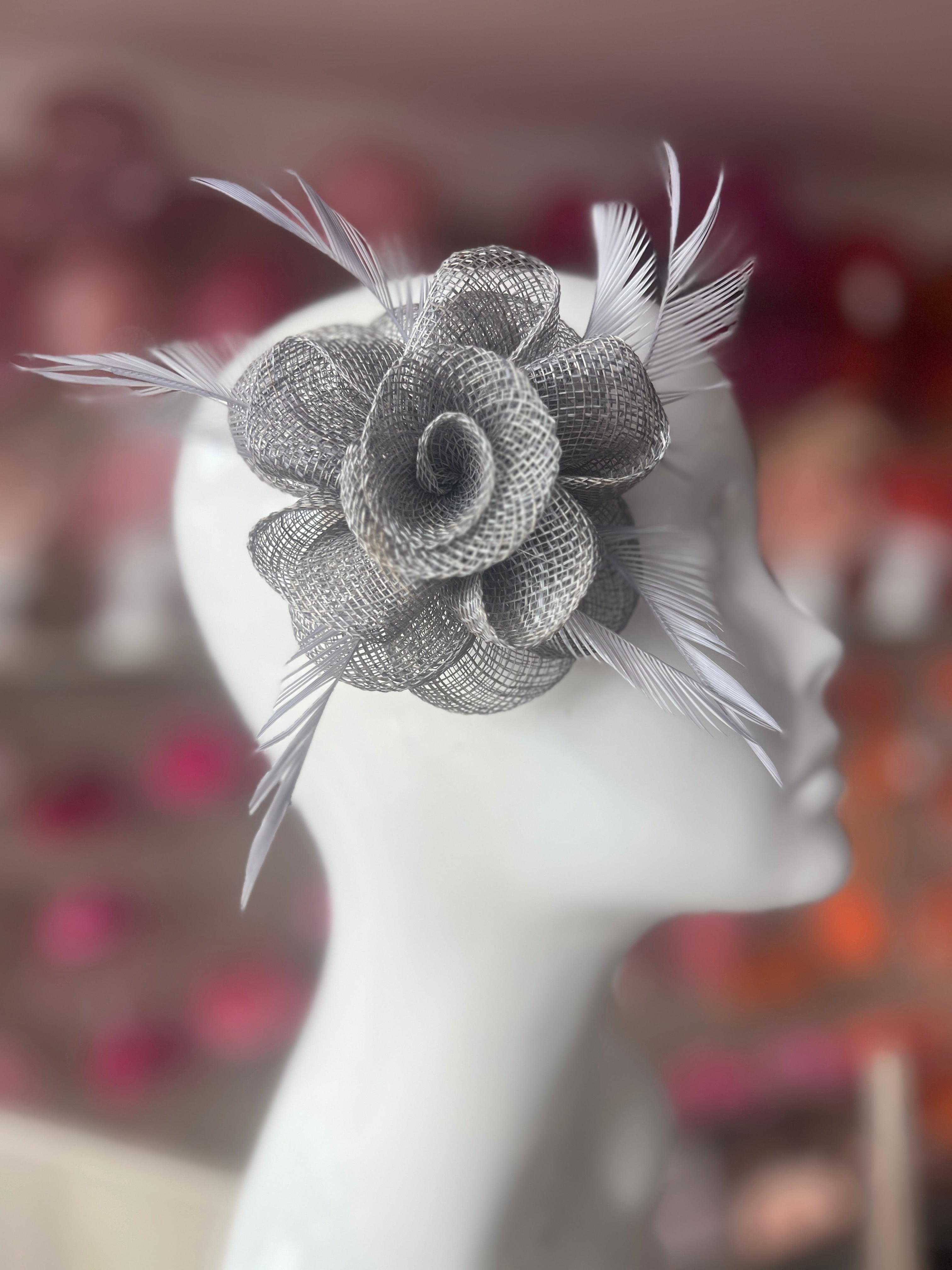 Small Grey Flower Fascinator Hair Clip with Feathers
