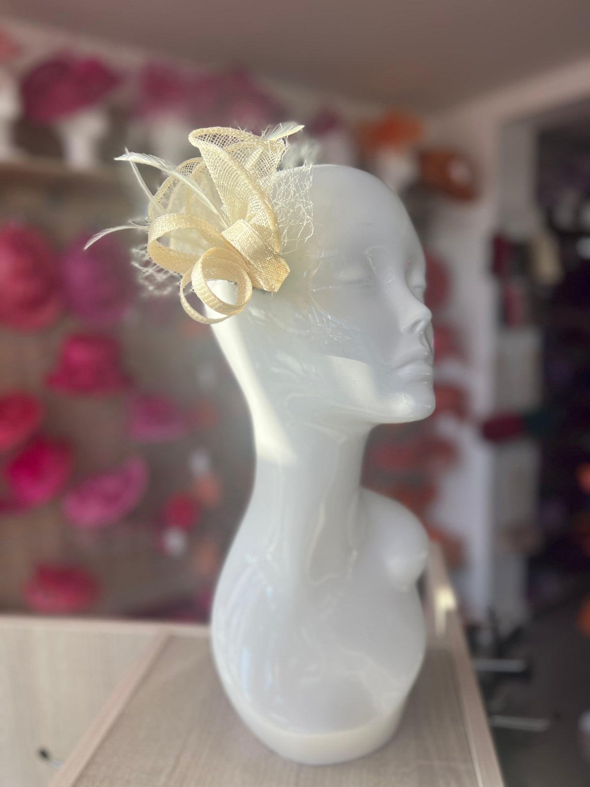 Small Ivory Hair Clip Fascinator With Netting &amp; Feathers-Fascinators Direct