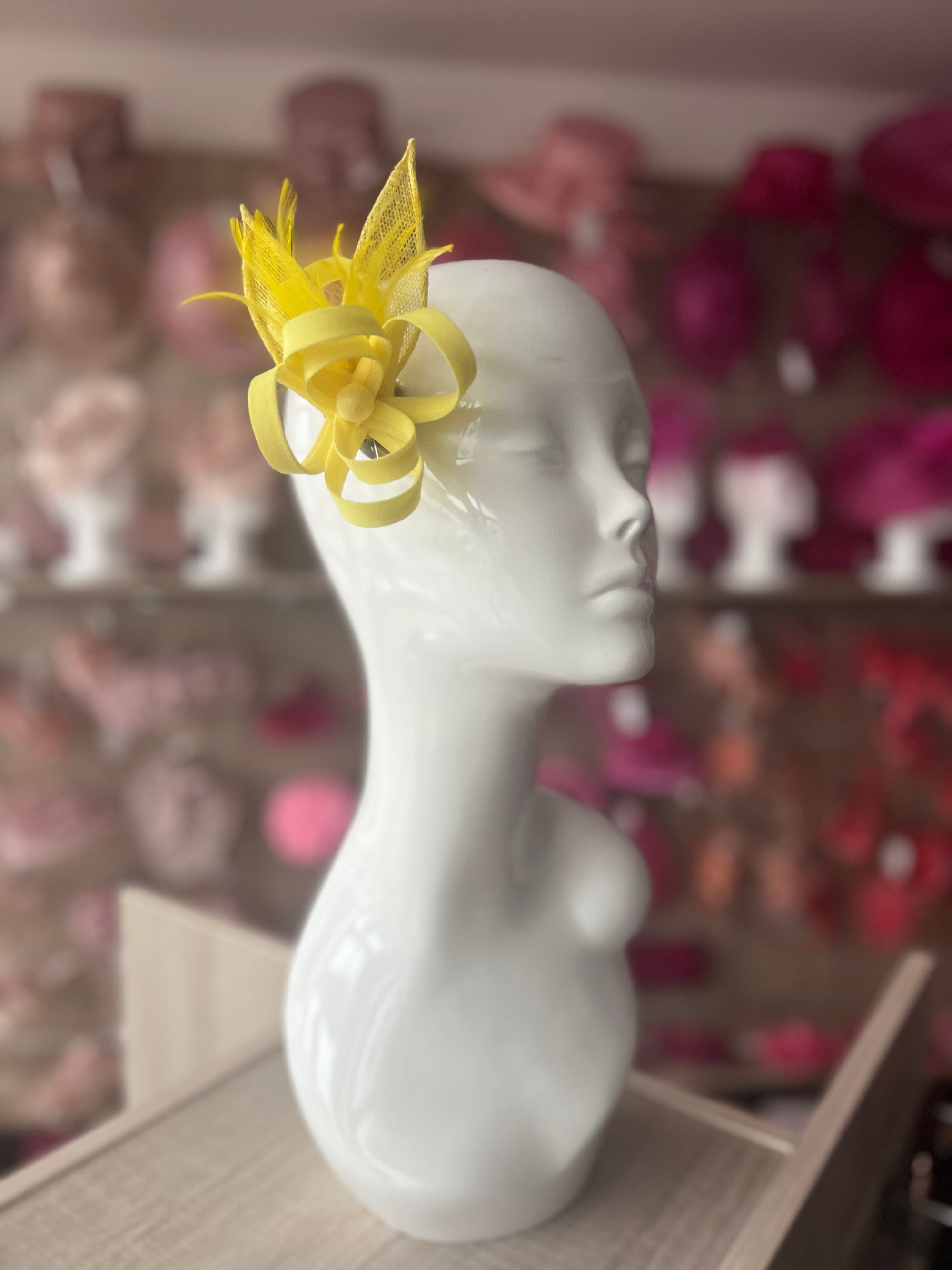 Small Lemon Fascinator Clip with Feathers & Satin Loops-Fascinators Direct