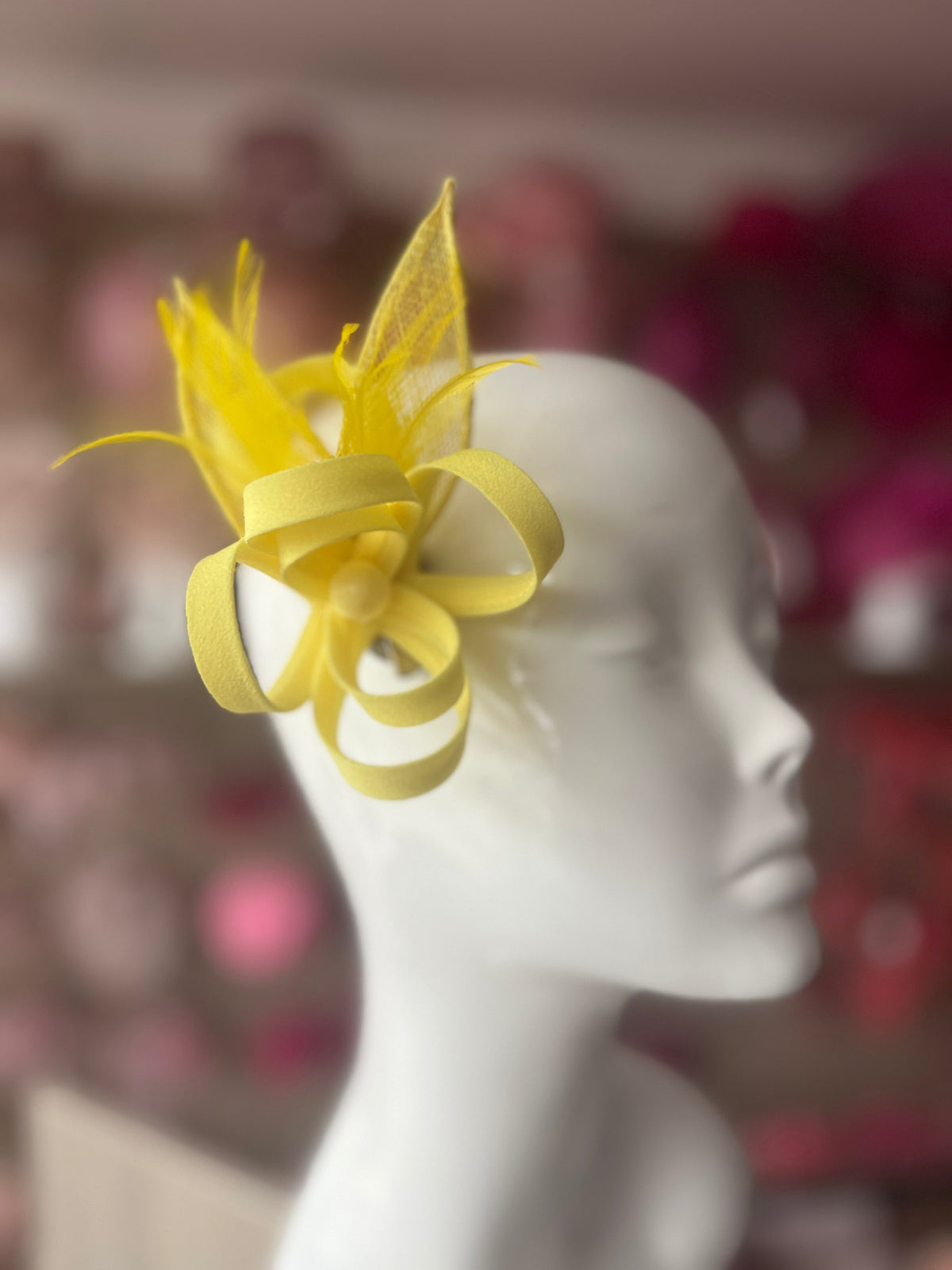 Small Lemon Fascinator Clip with Feathers &amp; Satin Loops-Fascinators Direct