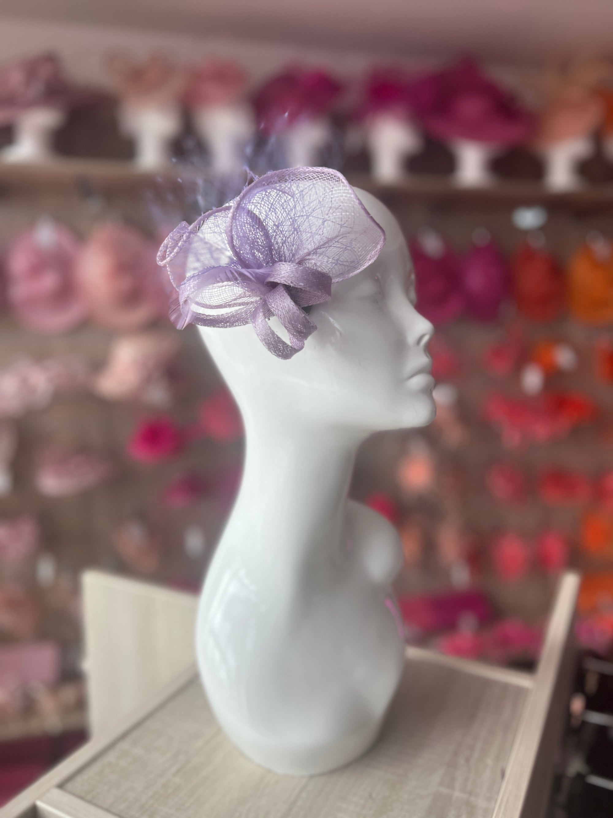 Small Light Purple Hair Clip Fascinator With Netting & Feathers-Fascinators Direct