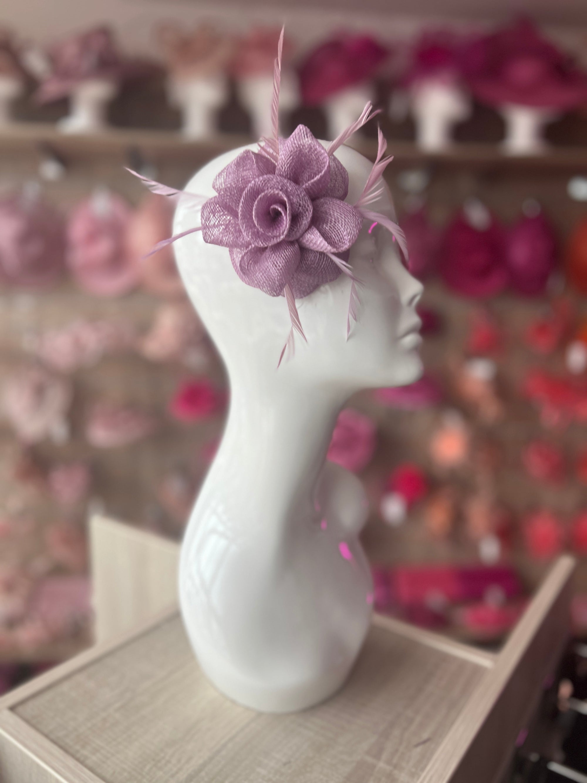 Small Lilac Flower Fascinator Hair Clip with Feathers-Fascinators Direct